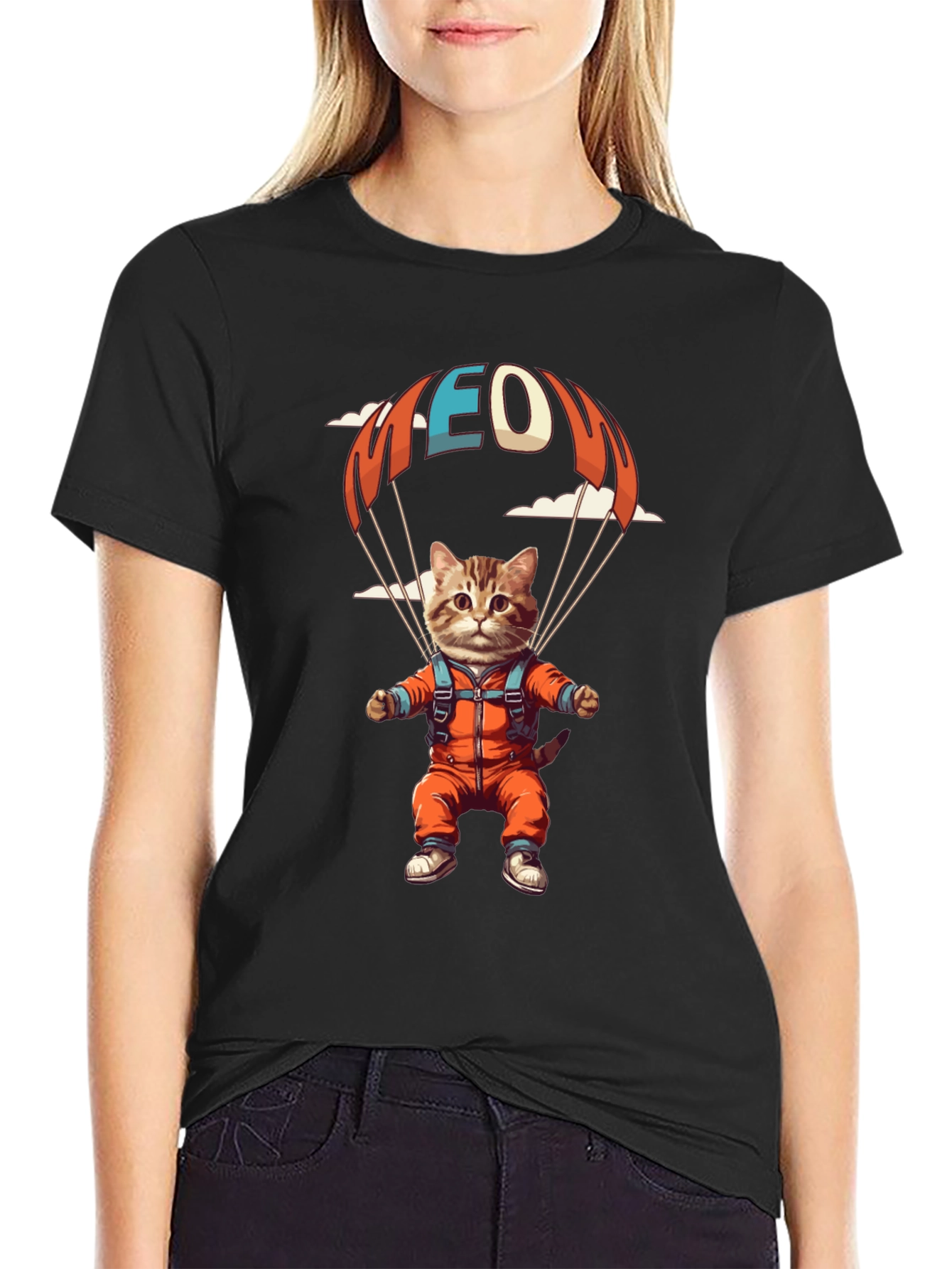 Cat Parachuting T-Shirt Funny Kitten Design