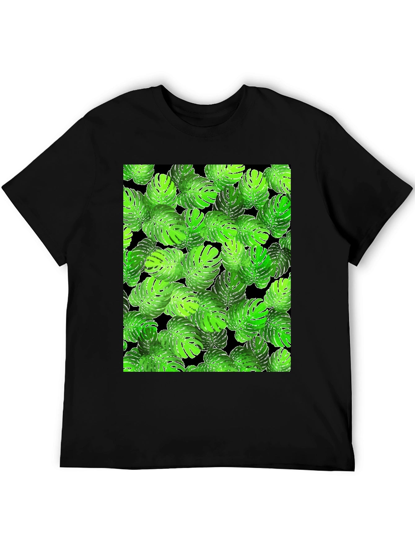 Tropical Monstera Leaf Print Black T-Shirt