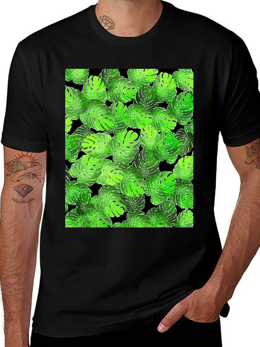 Tropical Monstera Leaf Print Black T-Shirt