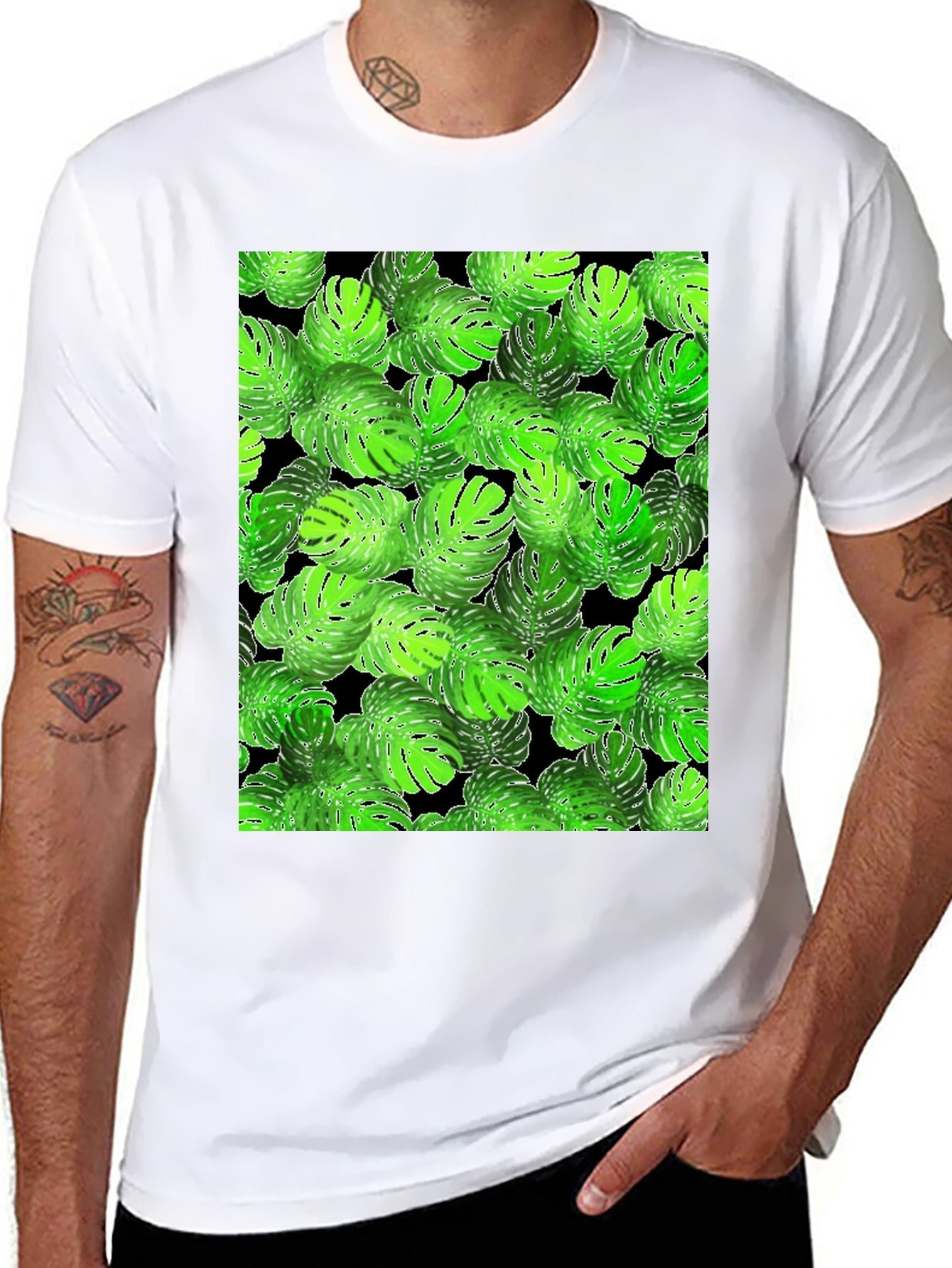 Tropical Monstera Leaf Print Black T-Shirt