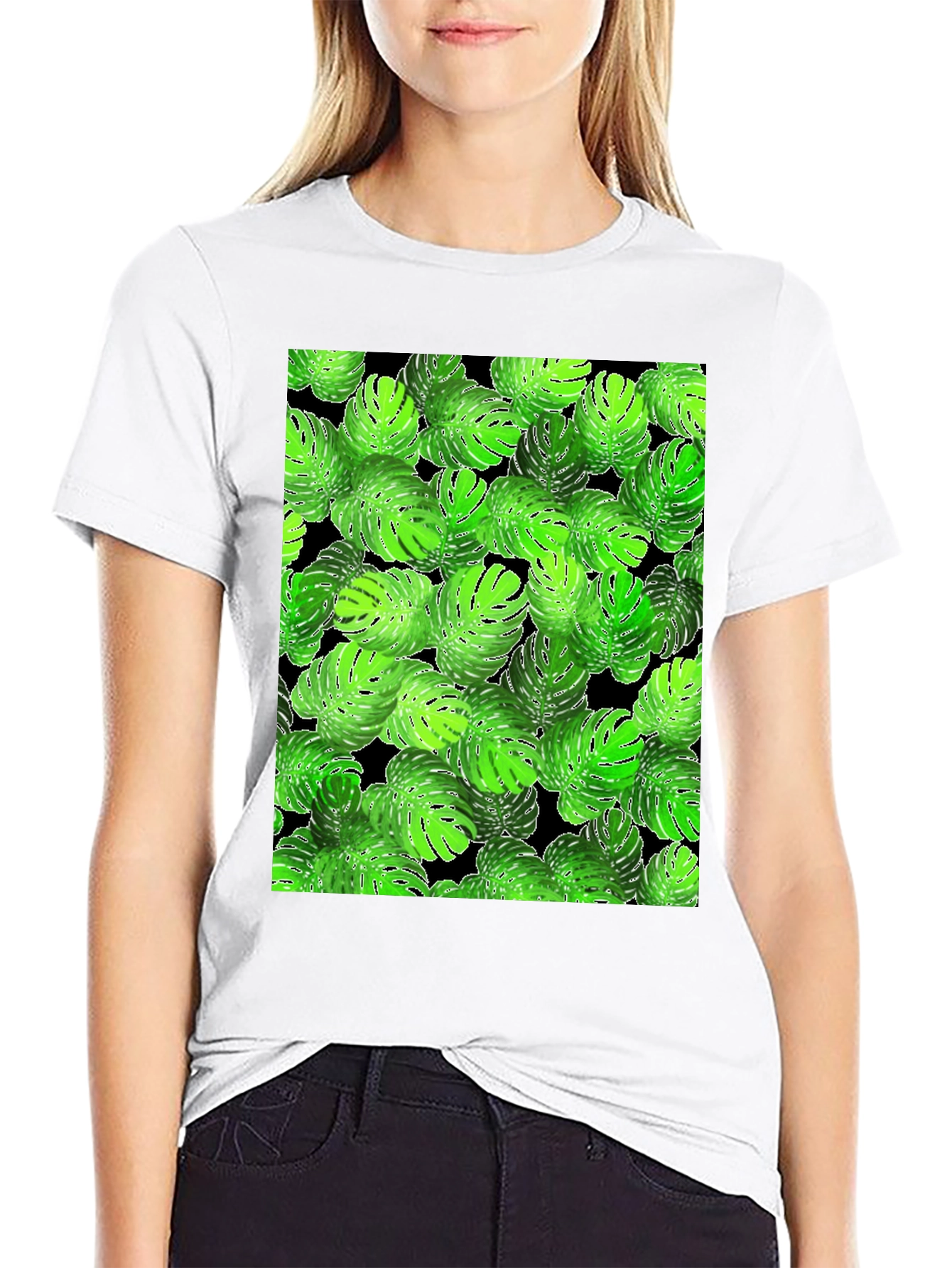 Tropical Monstera Leaf Print Black T-Shirt