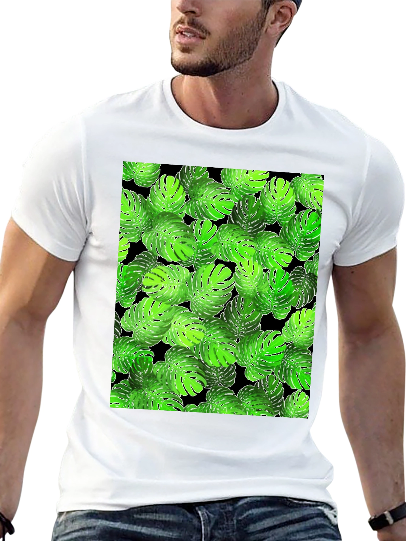 Tropical Monstera Leaf Print Black T-Shirt