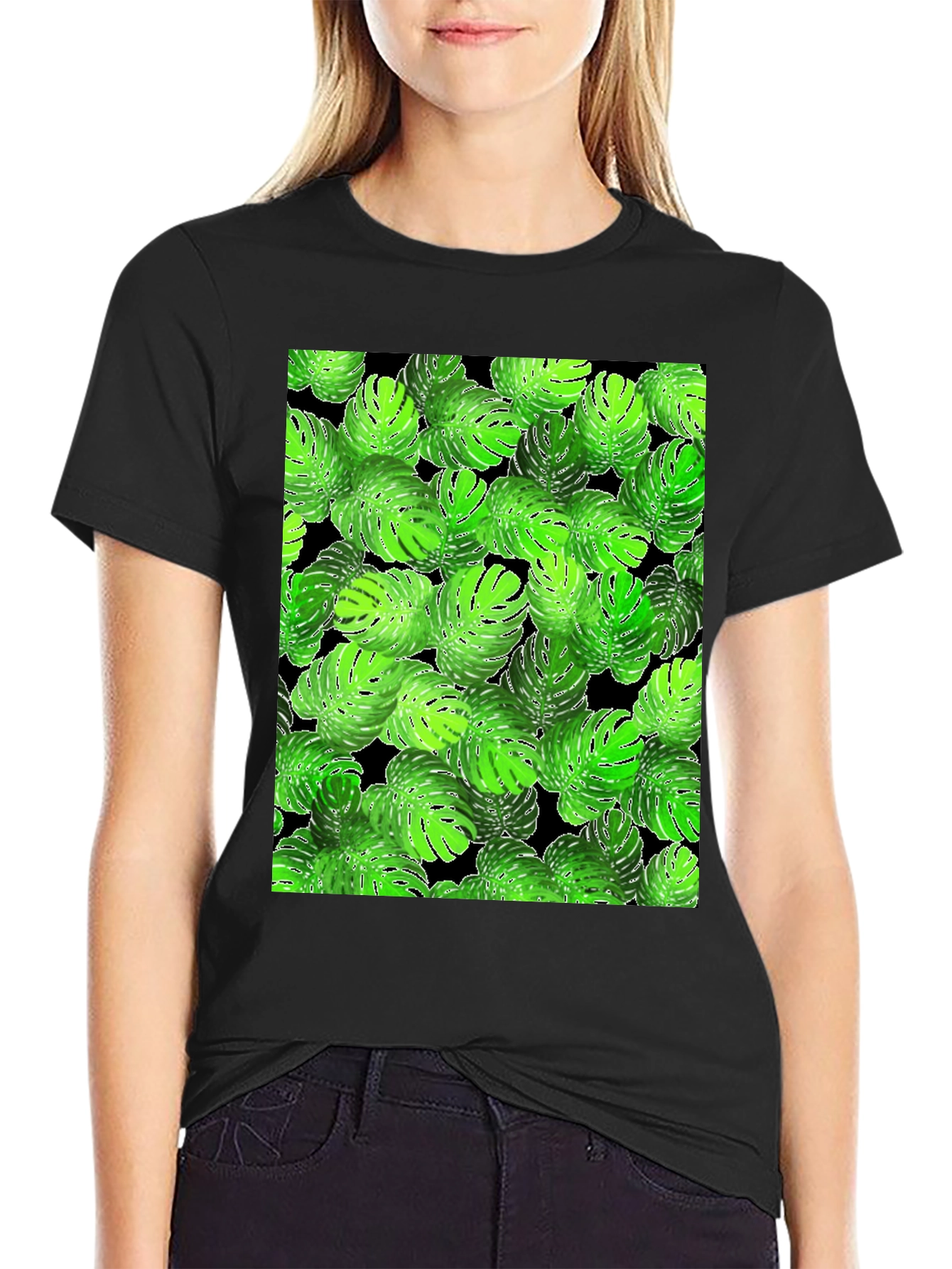 Tropical Monstera Leaf Print Black T-Shirt