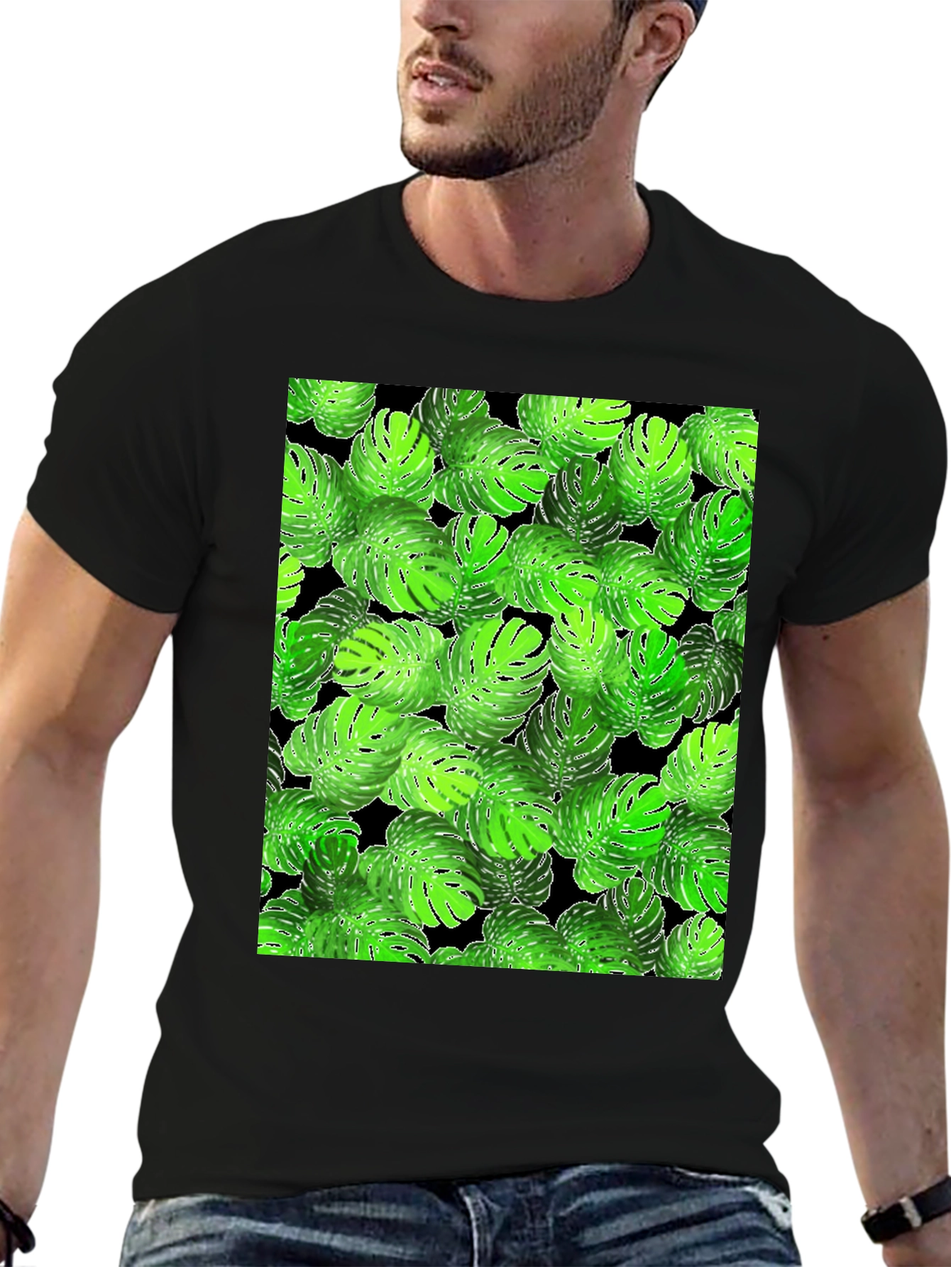 Tropical Monstera Leaf Print Black T-Shirt