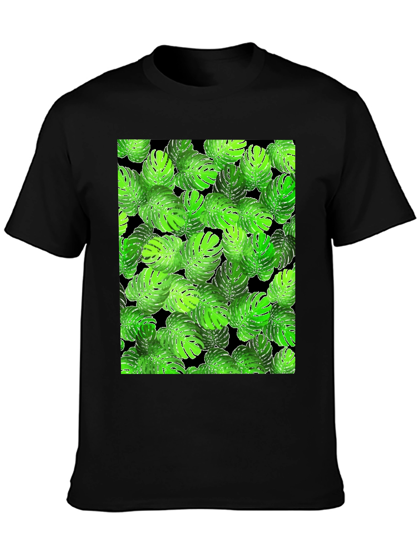 Tropical Monstera Leaf Print Black T-Shirt