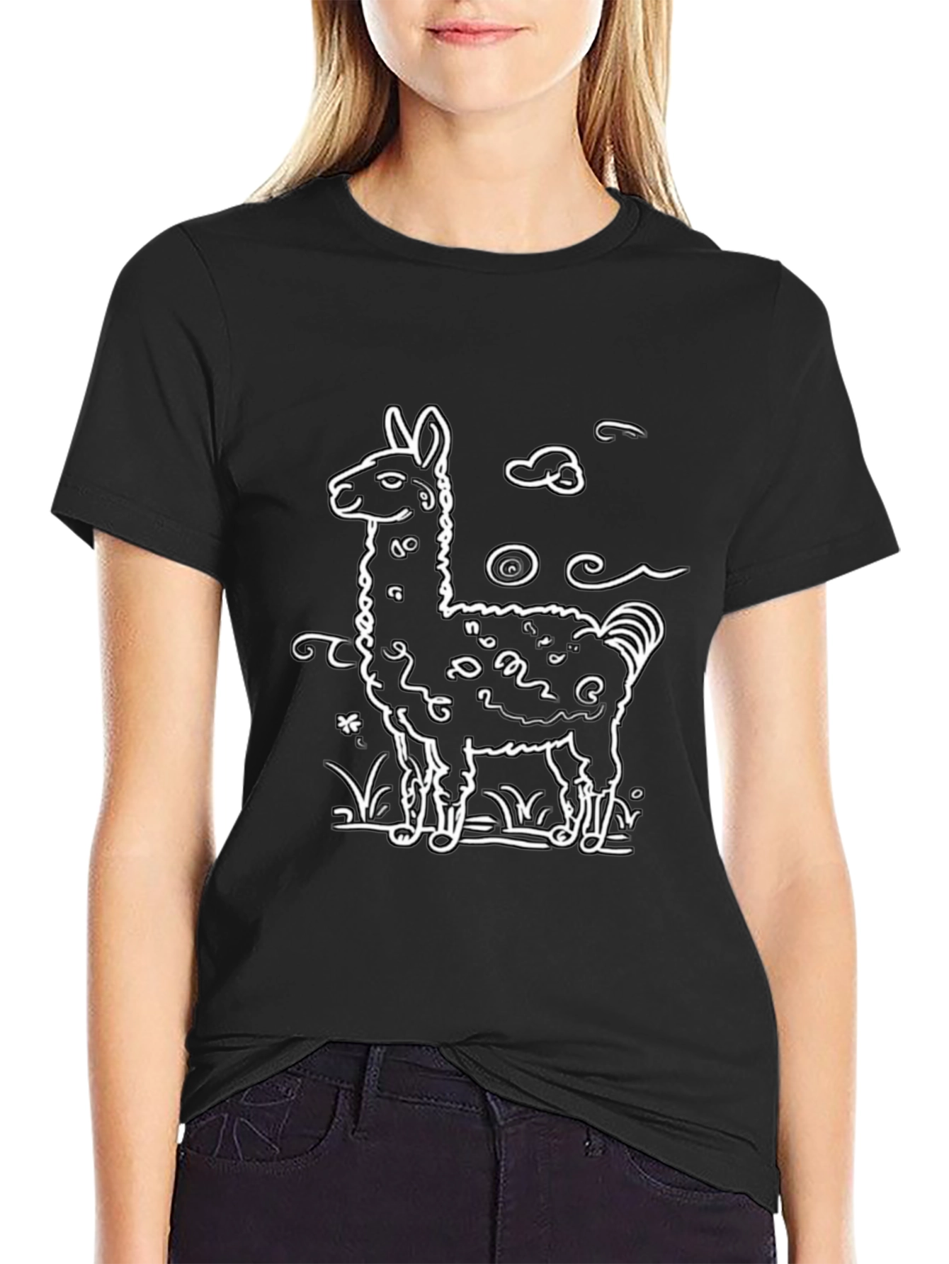 Llama Graphic Tee - Cute Cartoon Alpaca Black Shirt