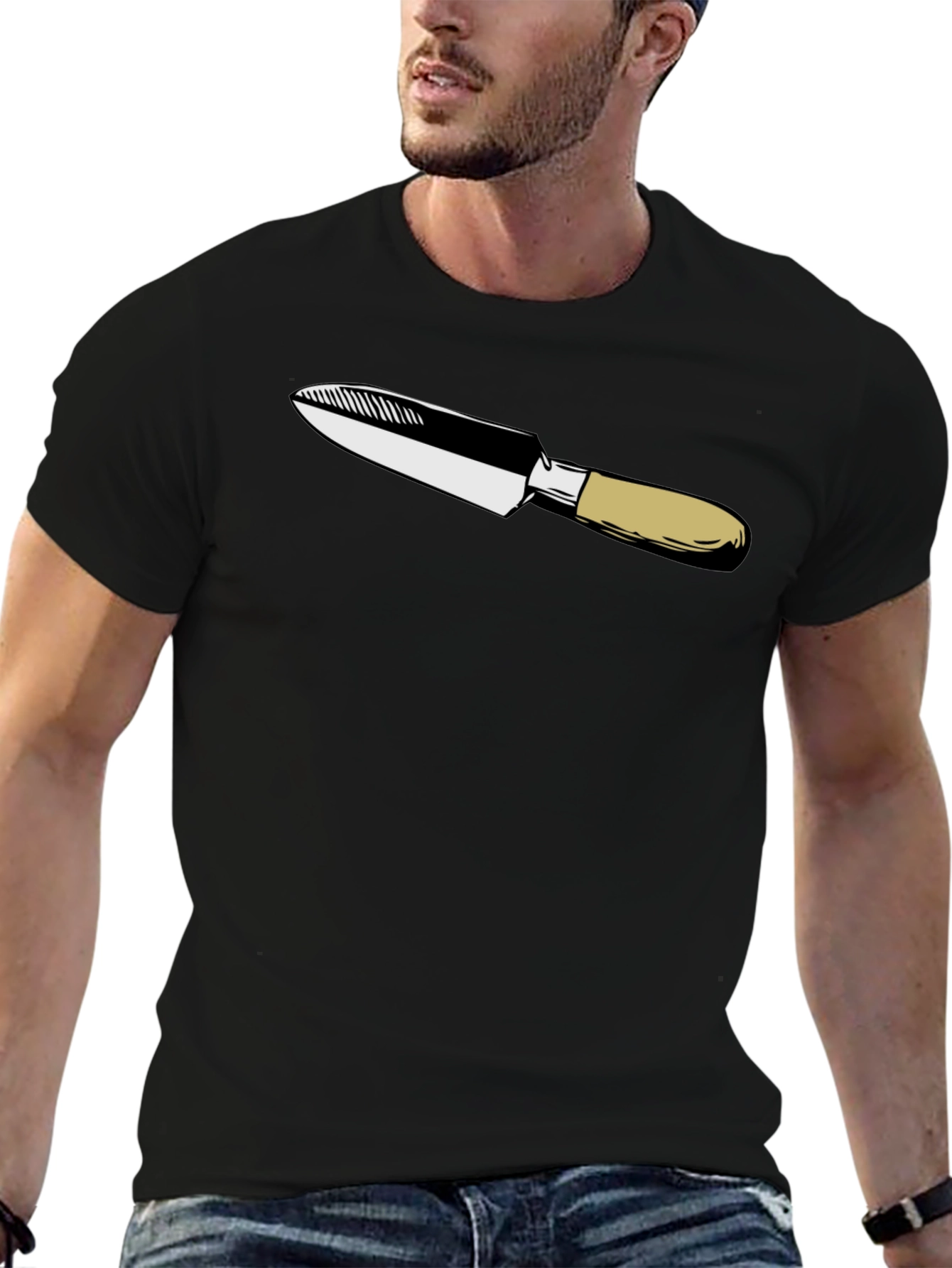 Black T-Shirt with Knife Graphic Print