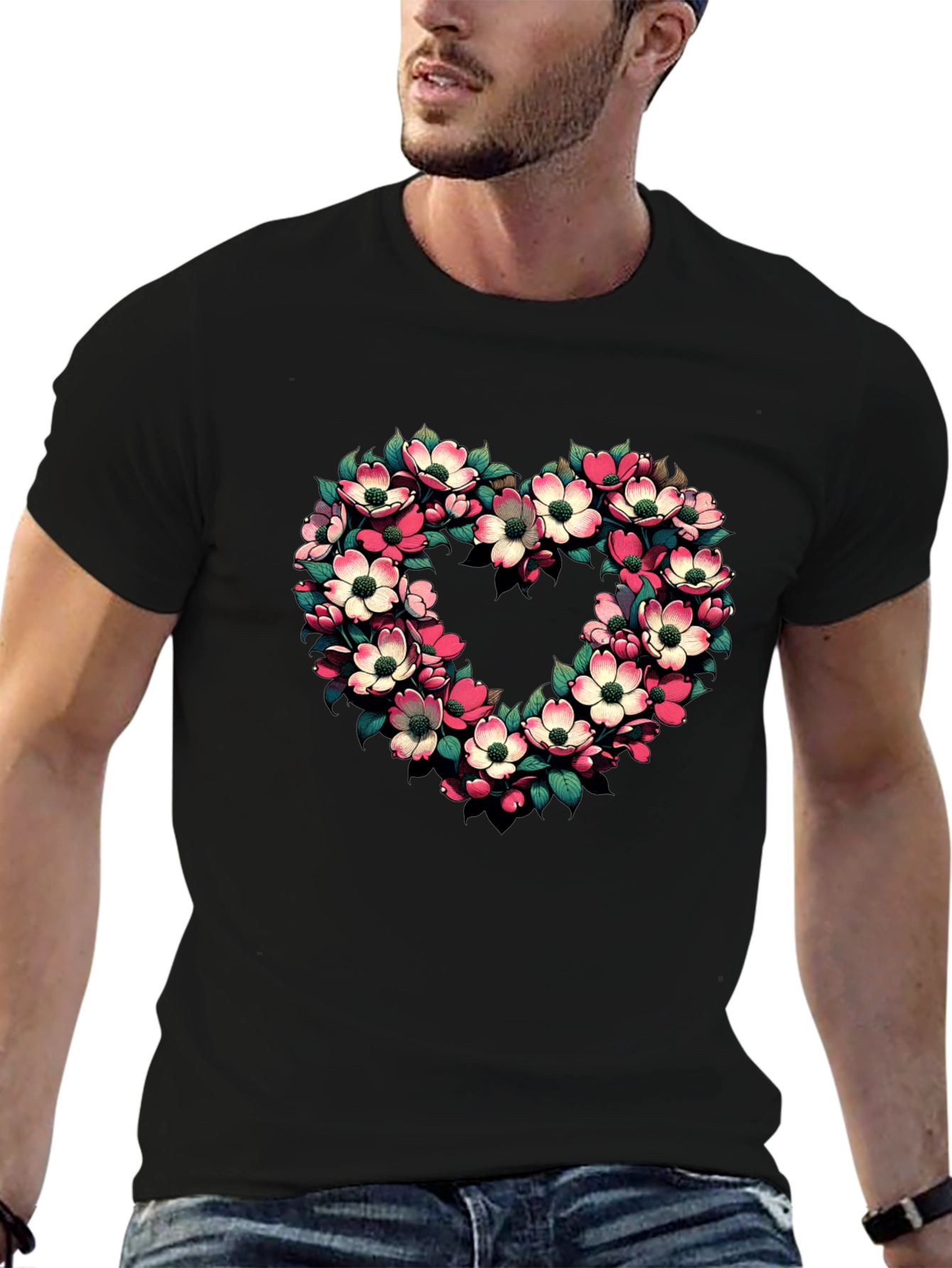 Floral Heart Graphic Tee - Black Cotton T-Shirt