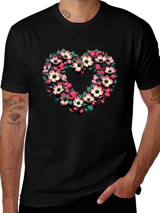 Floral Heart Graphic Tee - Black Cotton T-Shirt