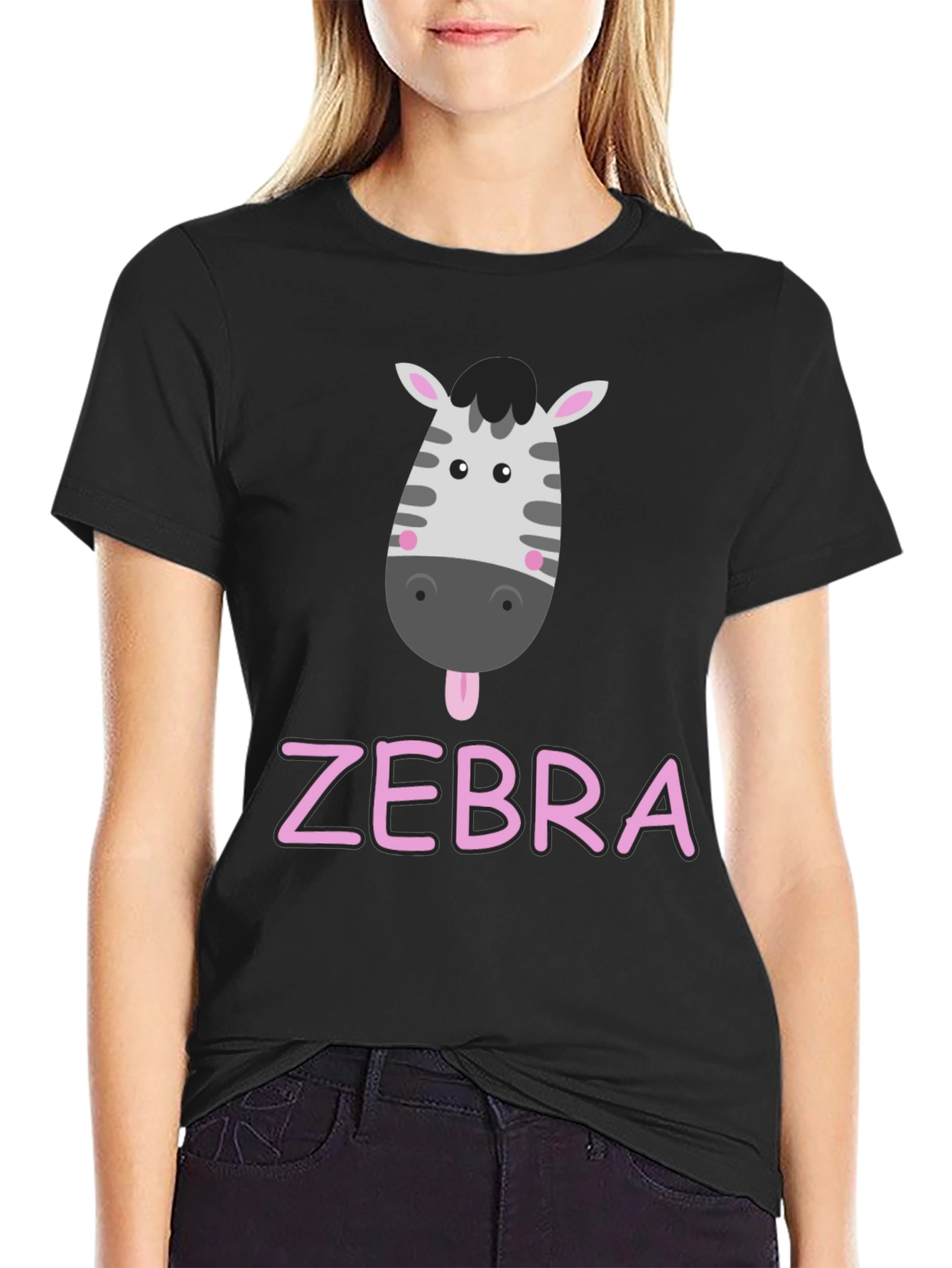 Zebra Cartoon Graphic Black T-Shirt