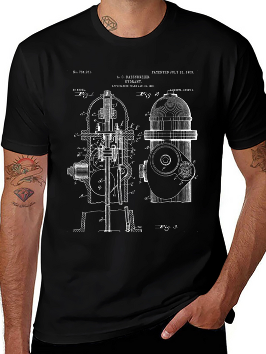 Vintage Hydrant Blueprint Black T-Shirt