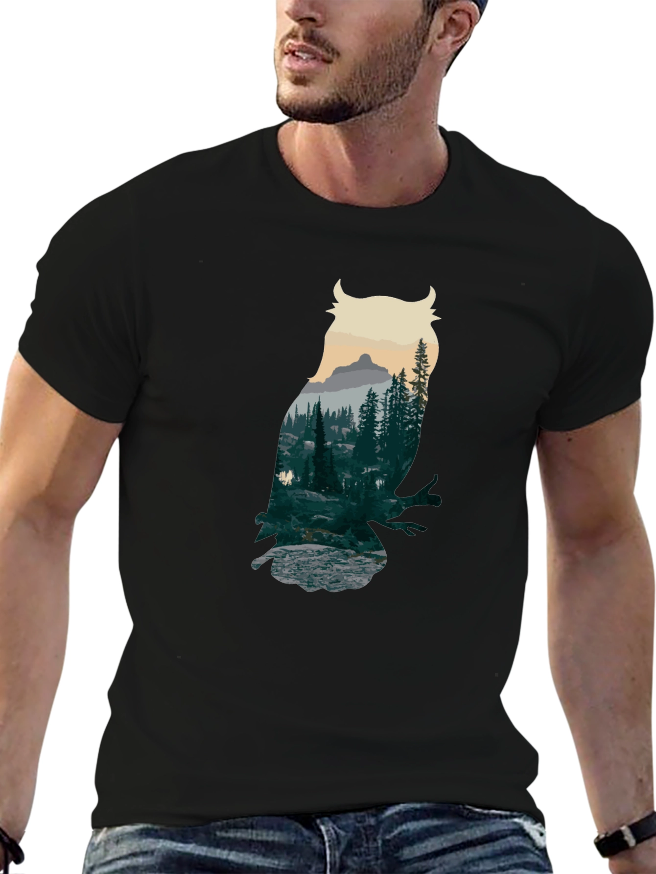 Owl Forest Graphic Black T-Shirt