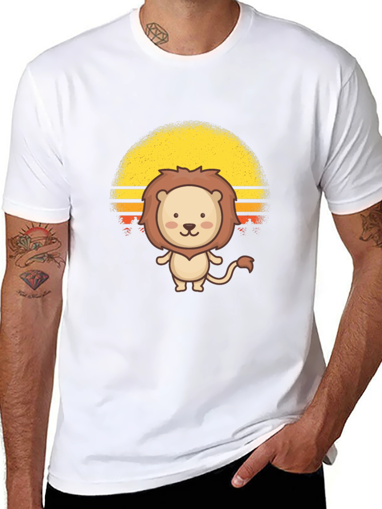 Cute Cartoon Lion Sunset Black T-Shirt