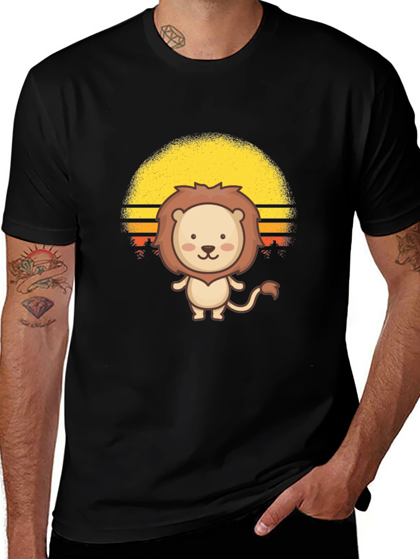 Cute Cartoon Lion Sunset Black T-Shirt