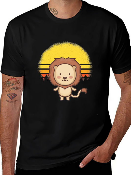 Cute Cartoon Lion Sunset Black T-Shirt