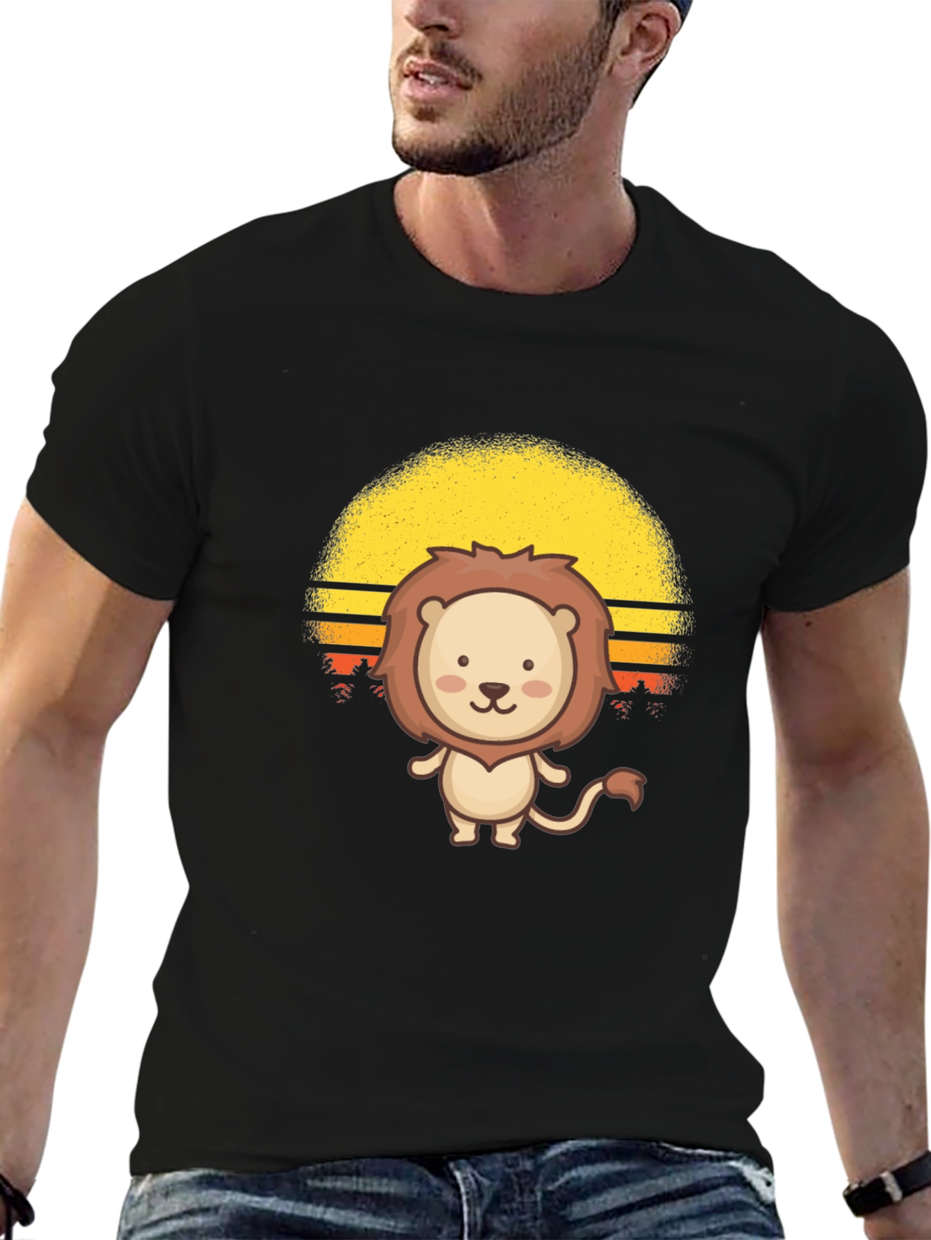 Cute Cartoon Lion Sunset Black T-Shirt