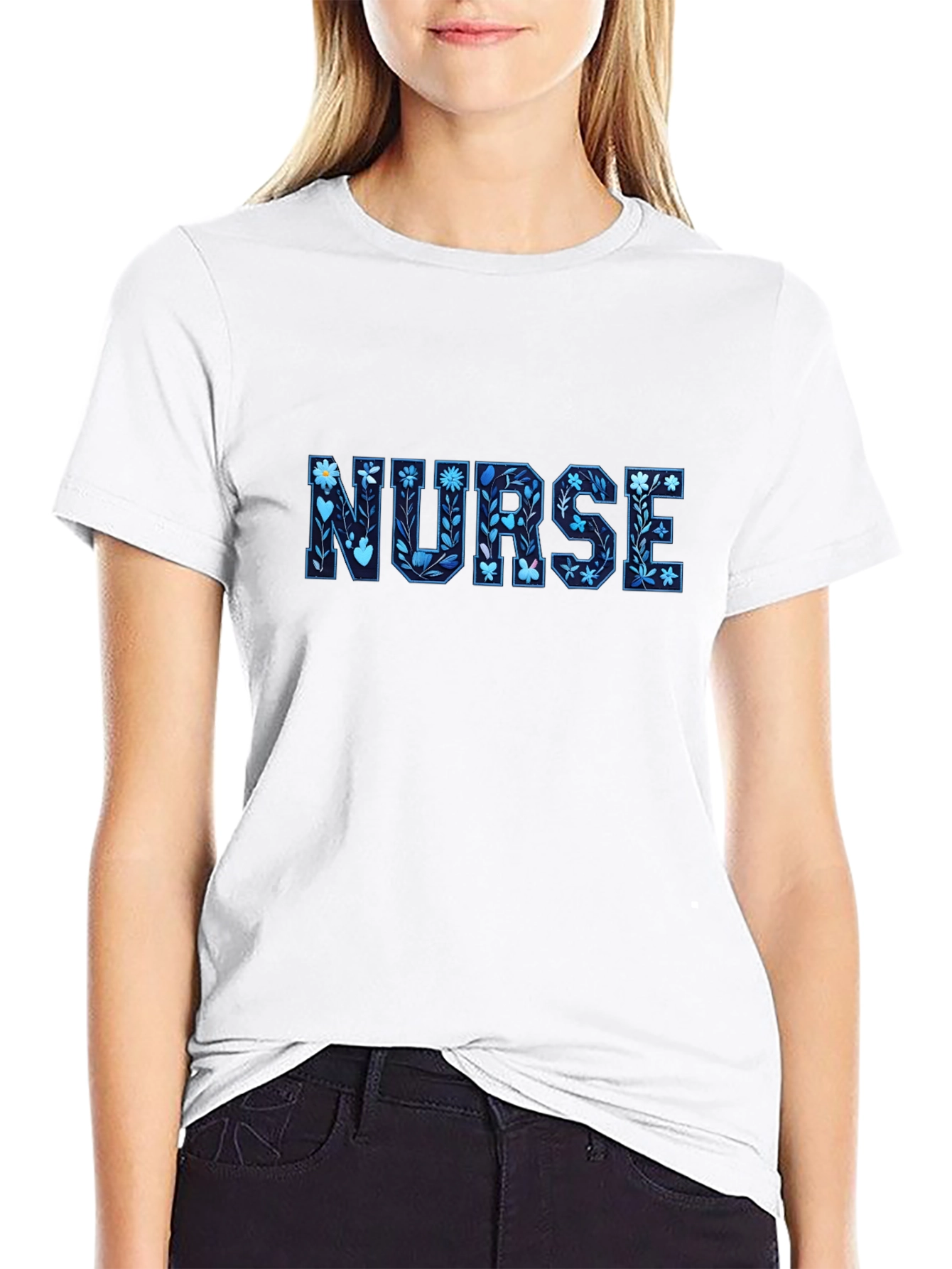 Floral Nurse T-Shirt - Black Cotton Tee