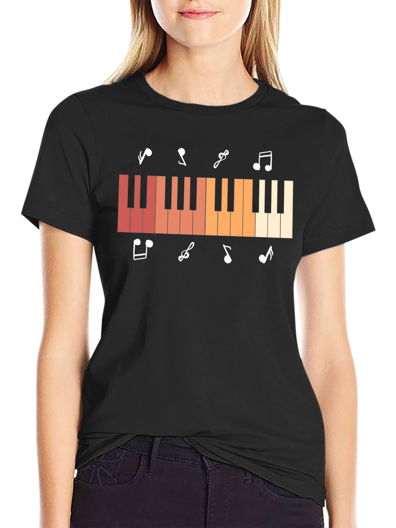 Piano Keys & Music Notes Graphic Black T-Shirt