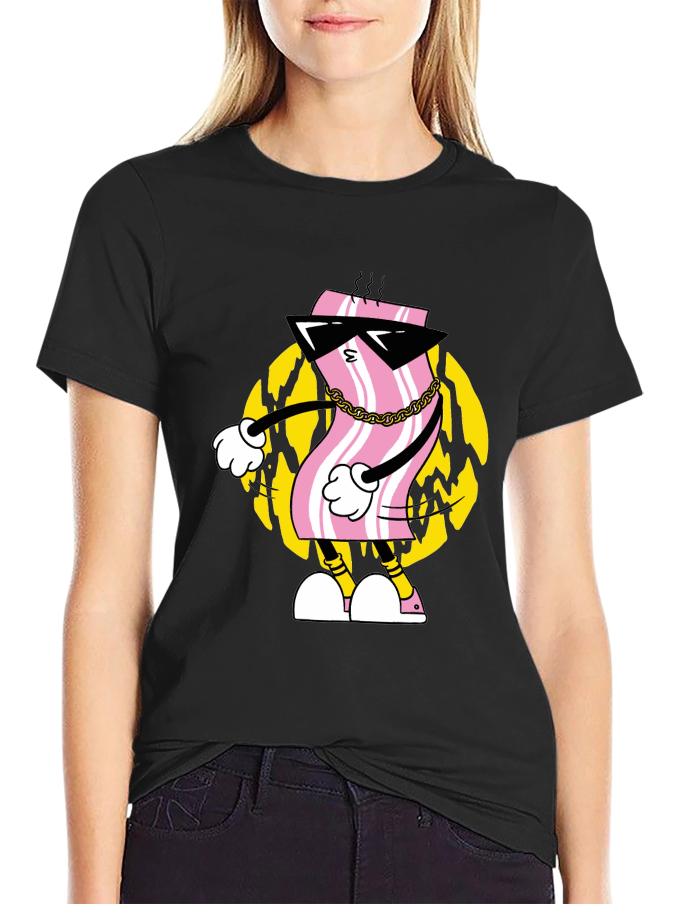 Cool Bacon Cartoon Black T-Shirt