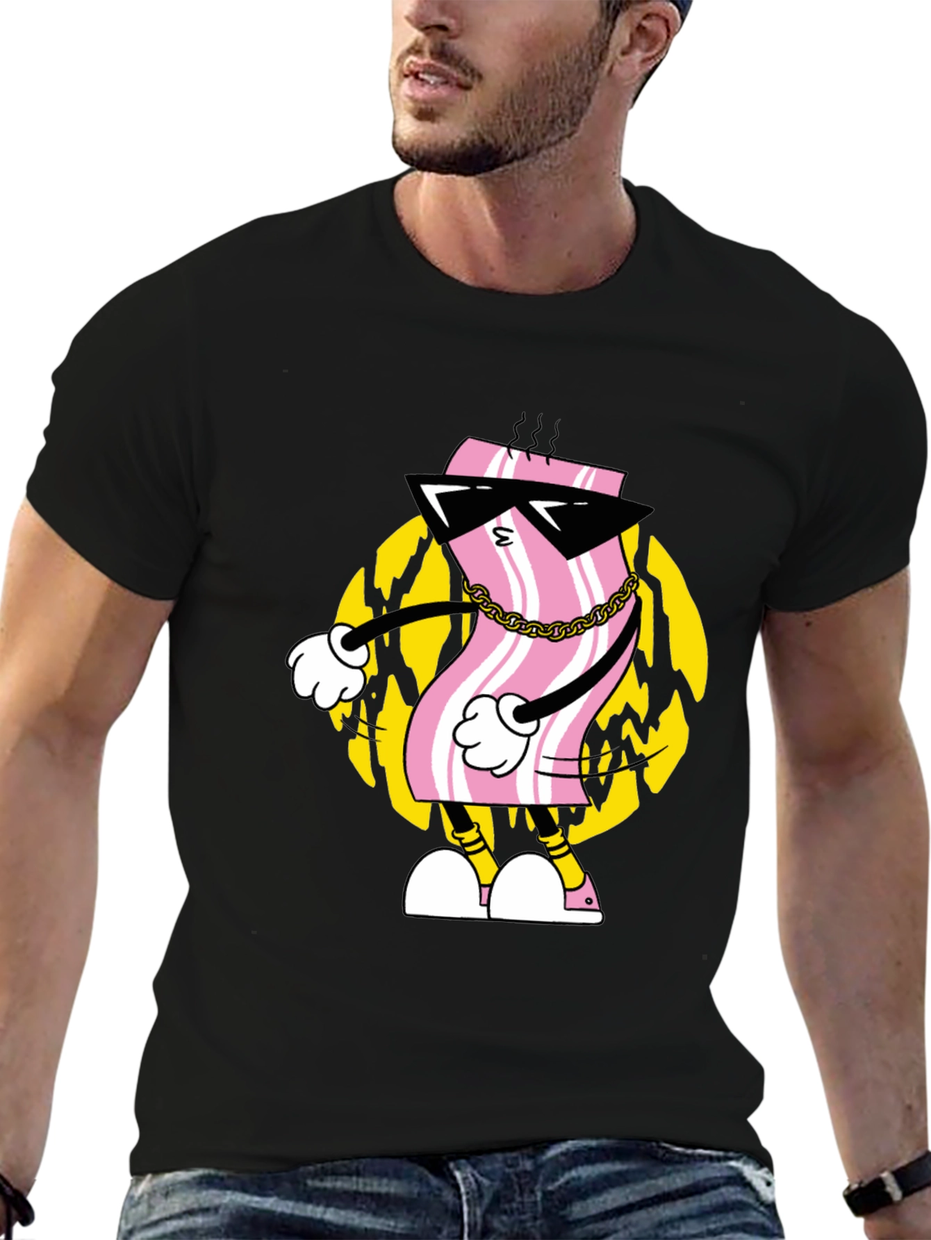 Cool Bacon Cartoon Black T-Shirt