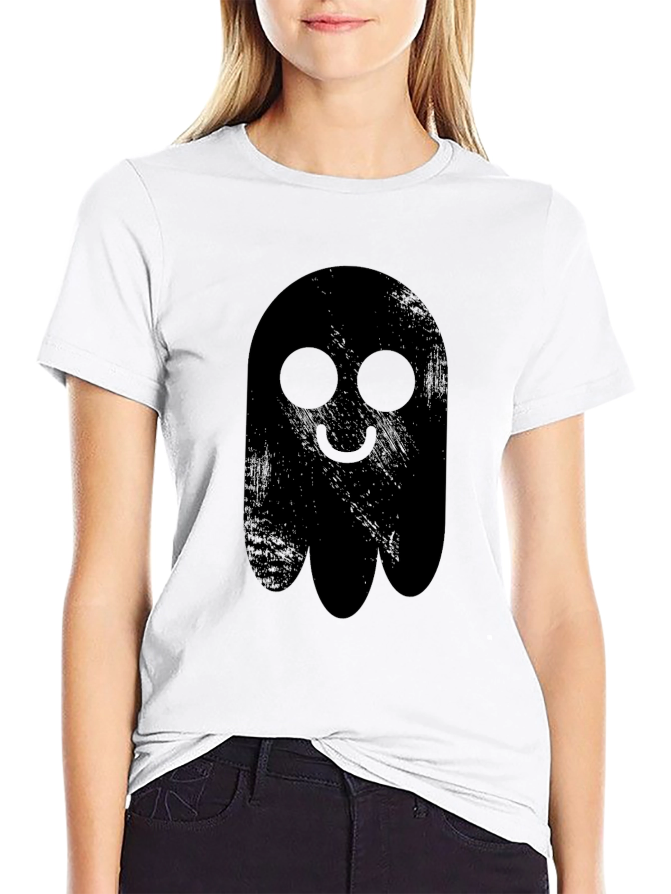 Spooky Cute Ghost Graphic Tee - Black Cotton