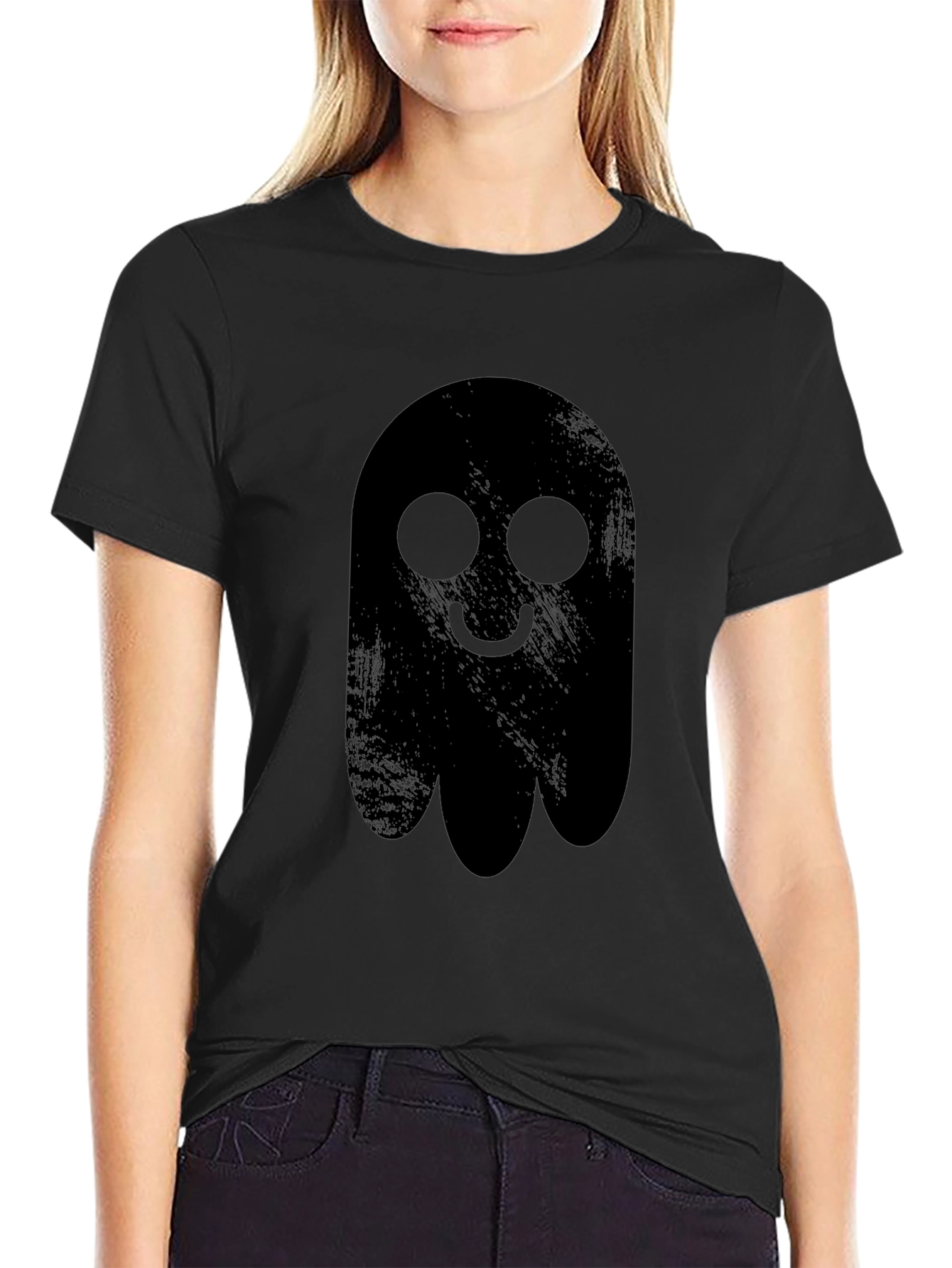Spooky Cute Ghost Graphic Tee - Black Cotton