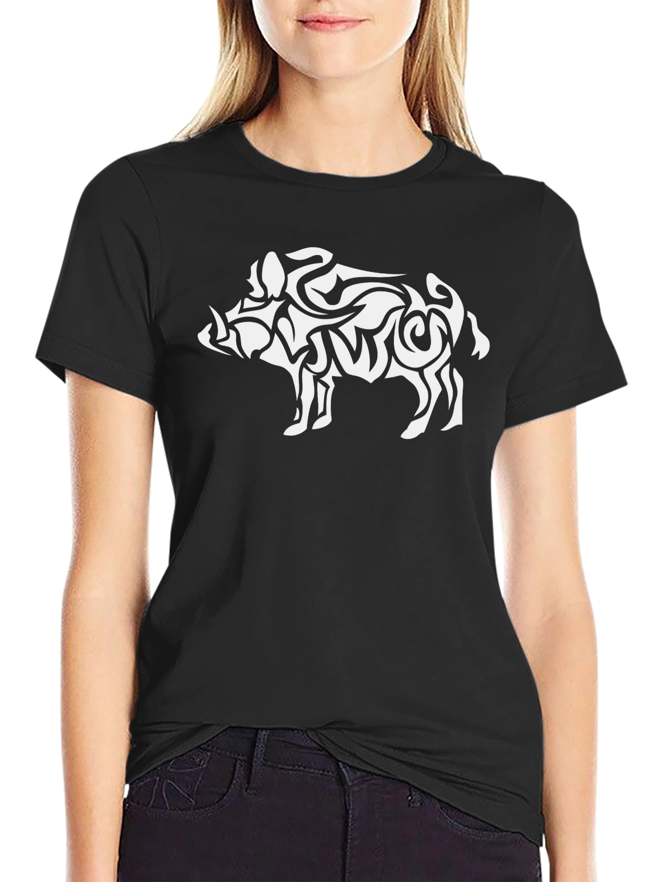 Tribal Boar Graphic Tee - Black Cotton T-Shirt