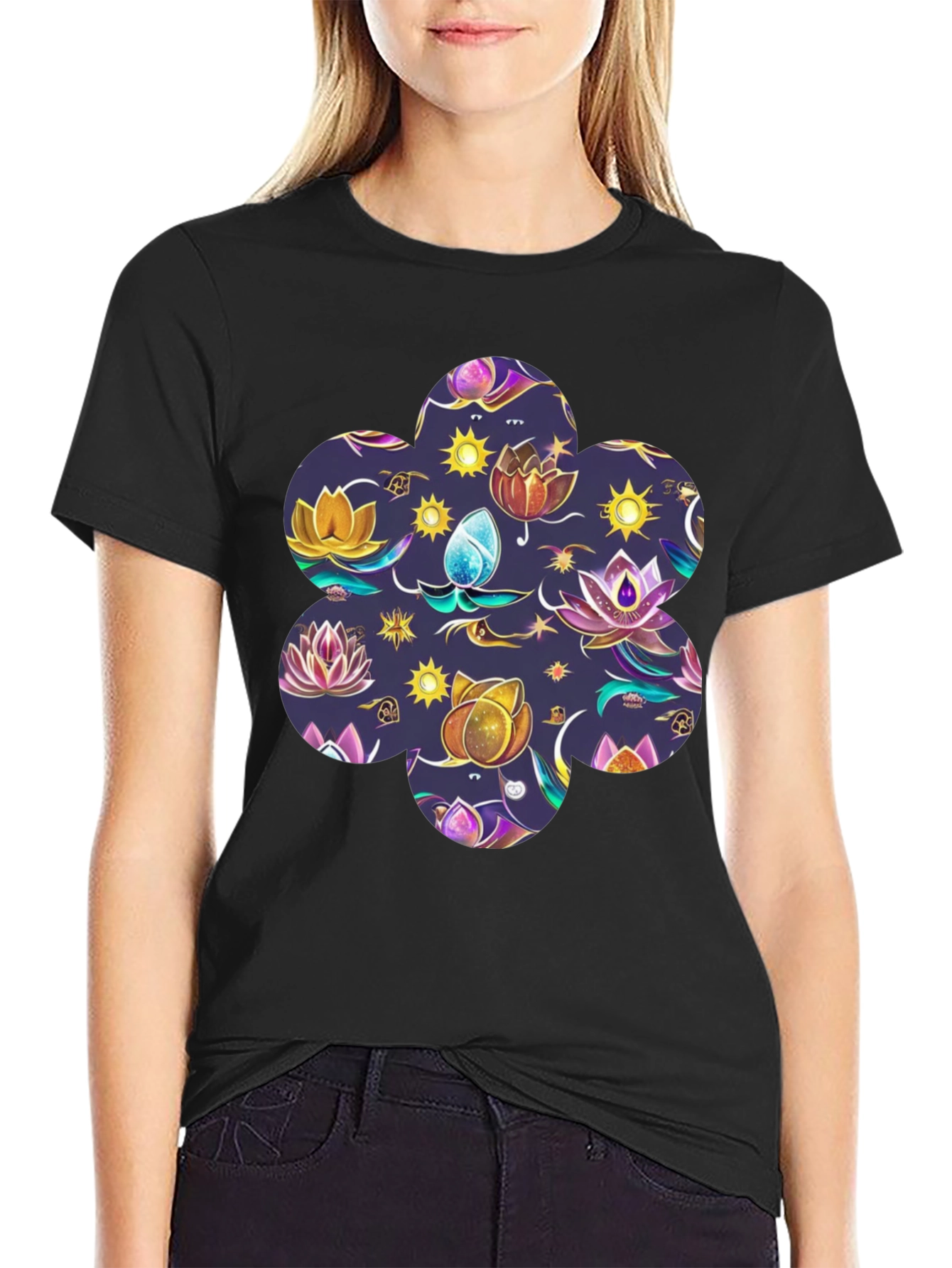 Mystic Lotus Print Black Tee