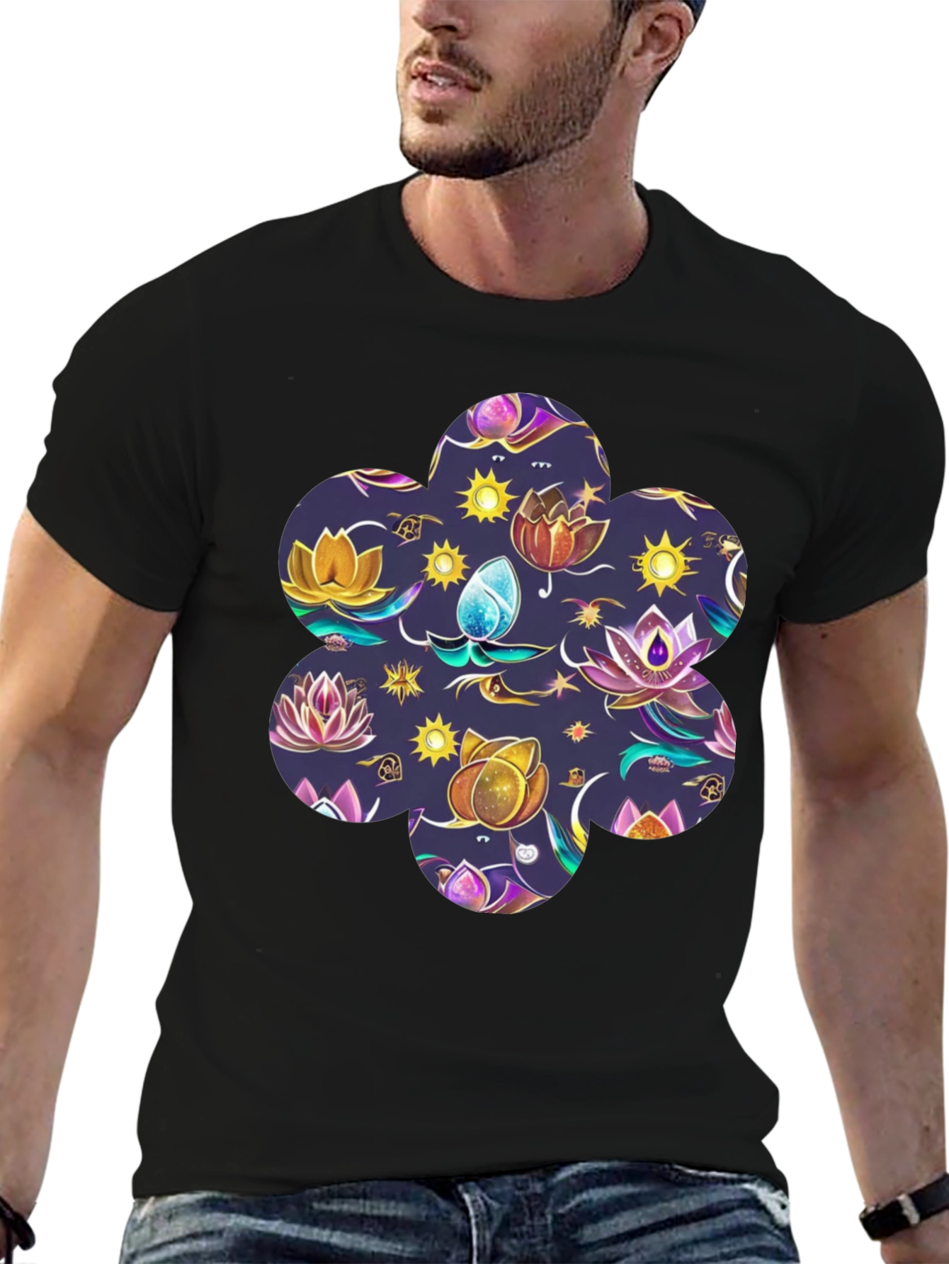 Mystic Lotus Print Black Tee