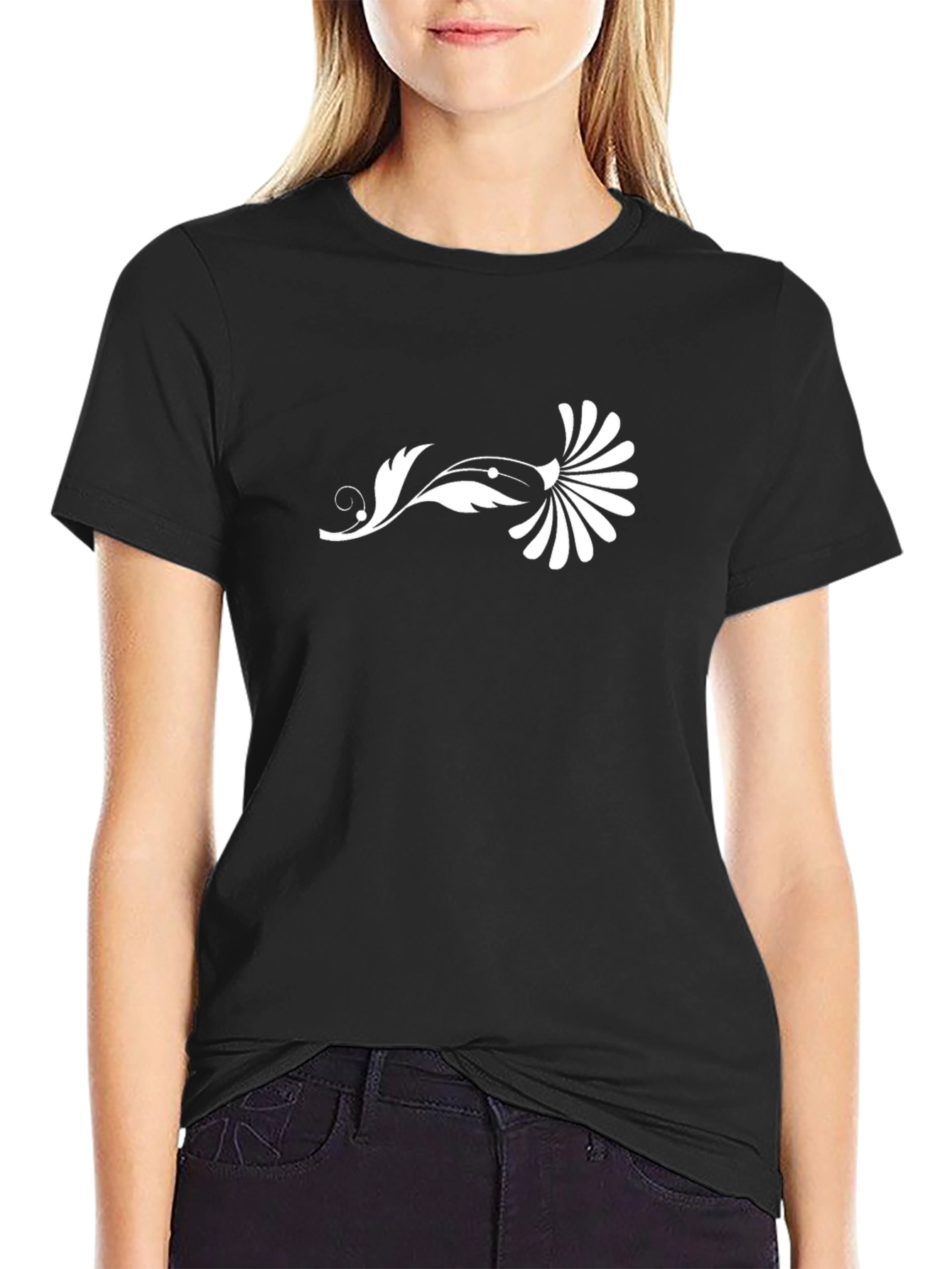 Black T-Shirt with White Floral Graphic