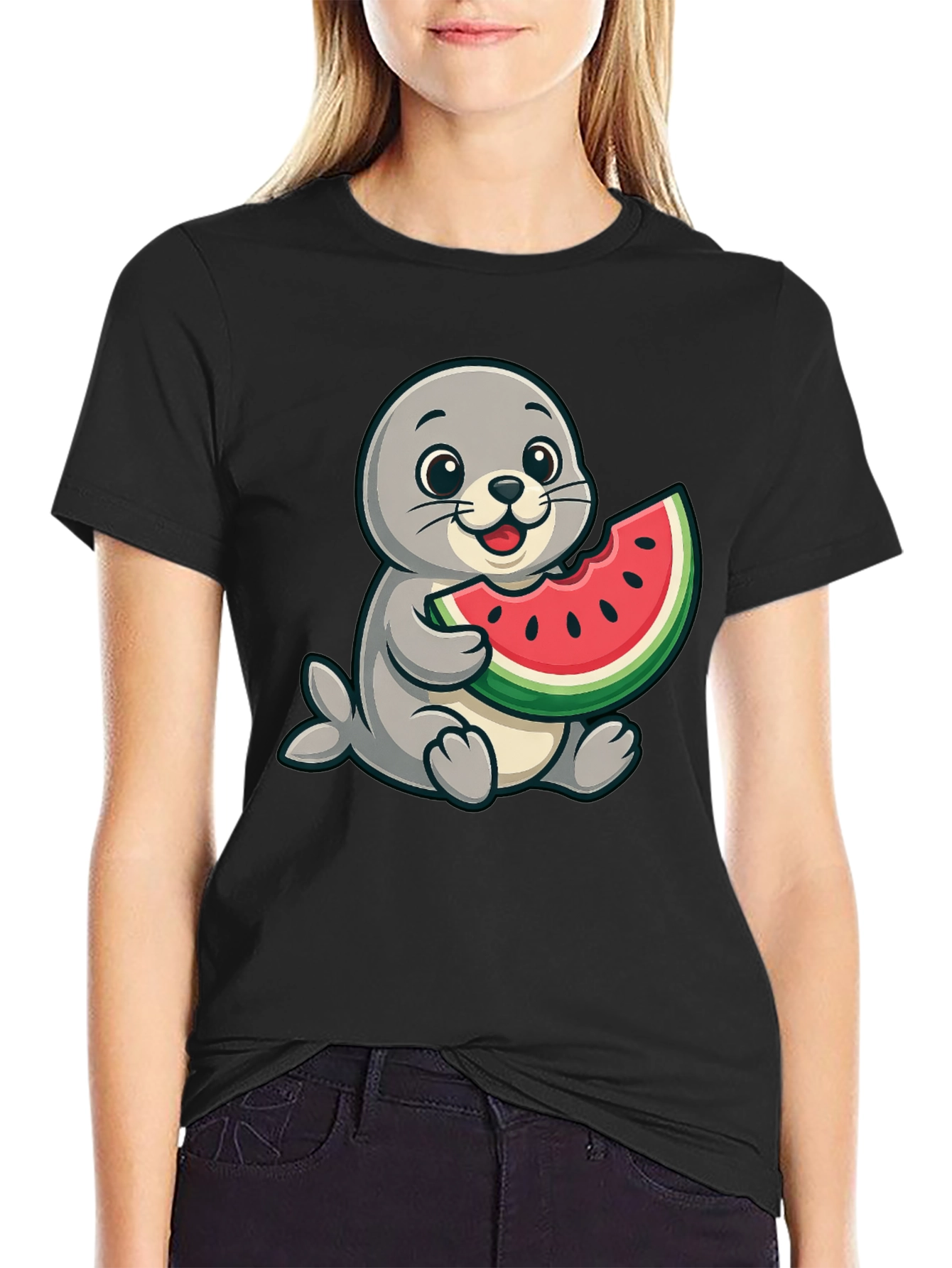 Seal Watermelon Graphic Tee - Black Cotton