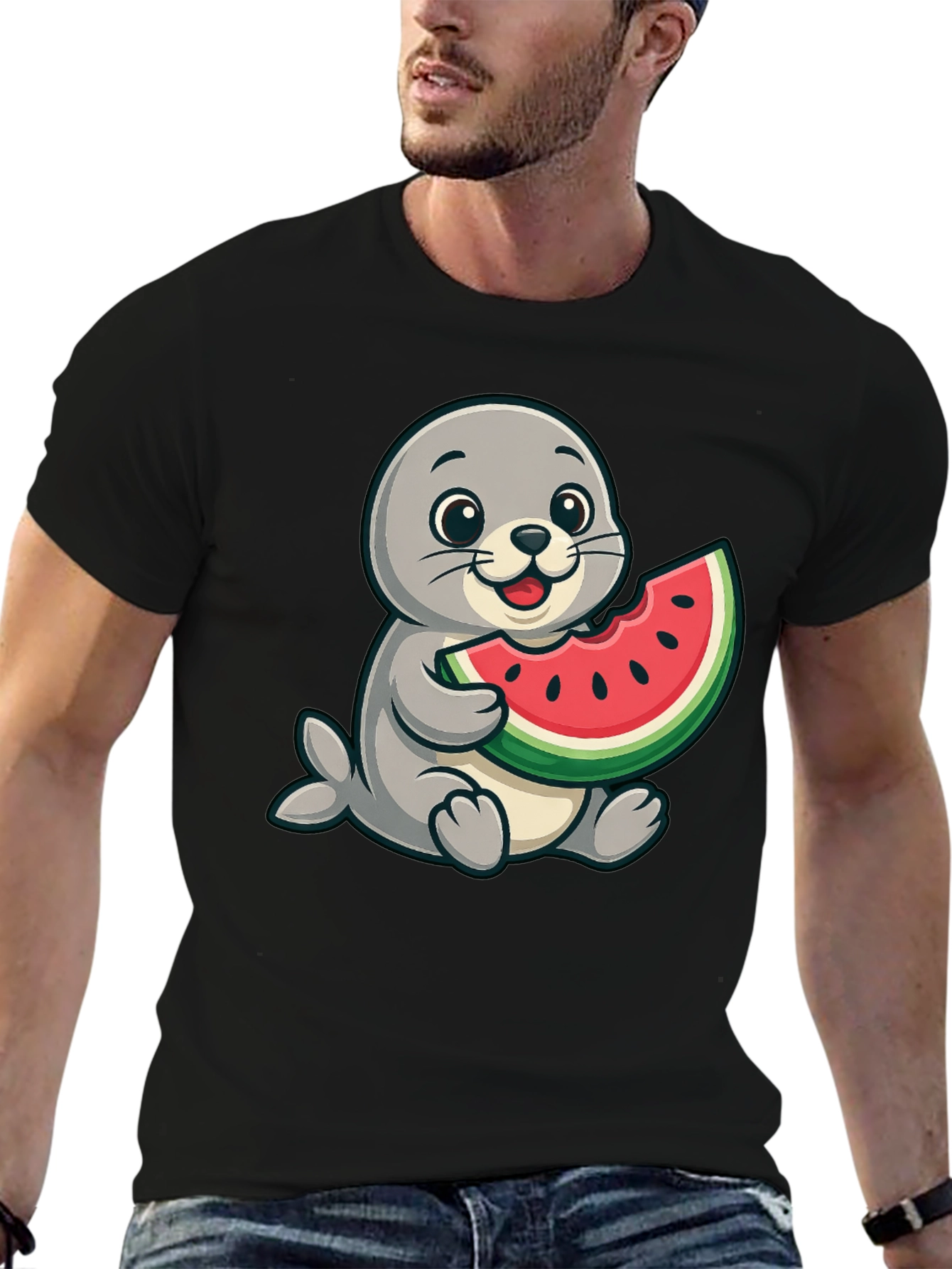 Seal Watermelon Graphic Tee - Black Cotton