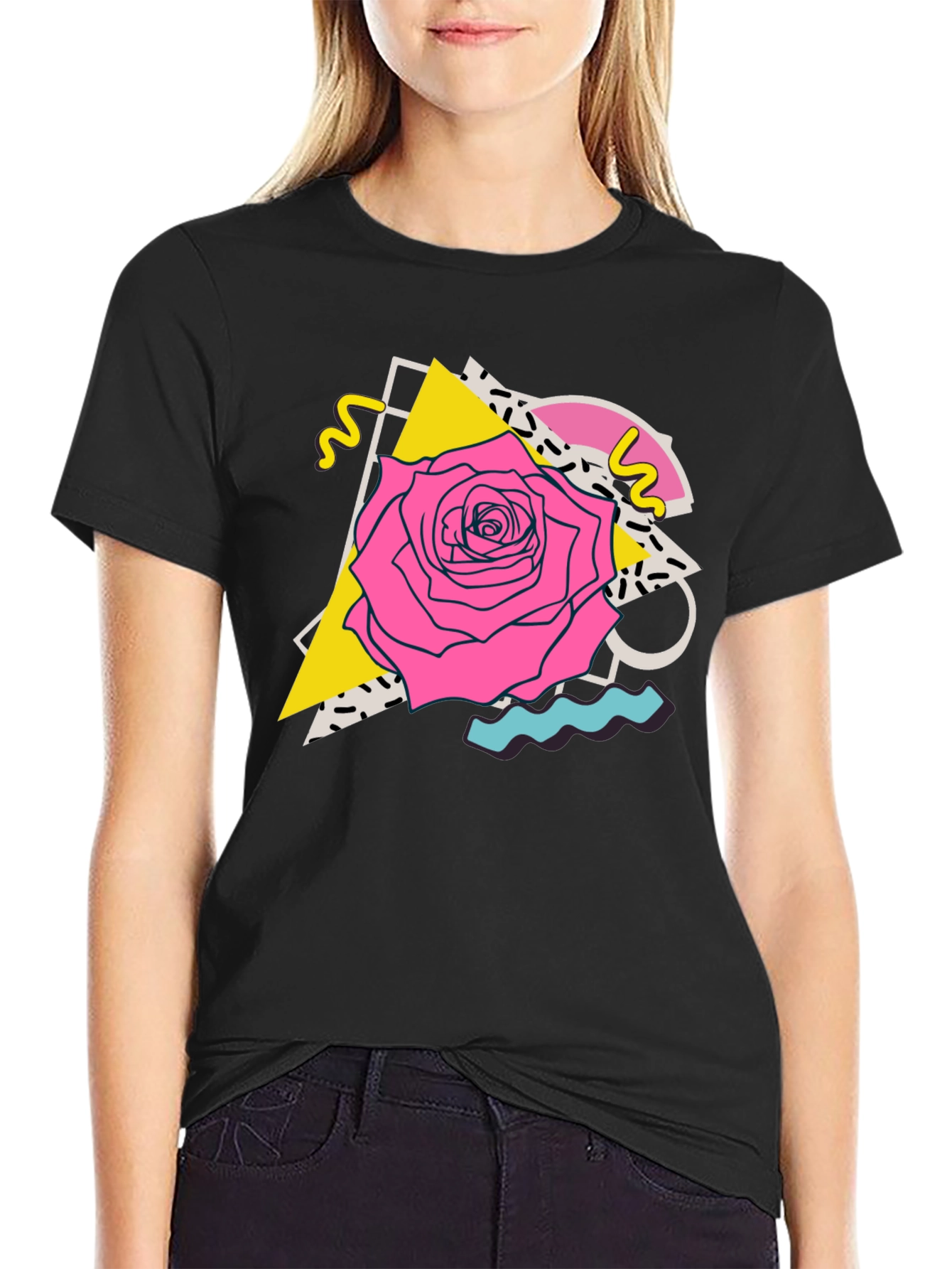 Retro Rose Graphic Tee - 80s Style Black T-Shirt
