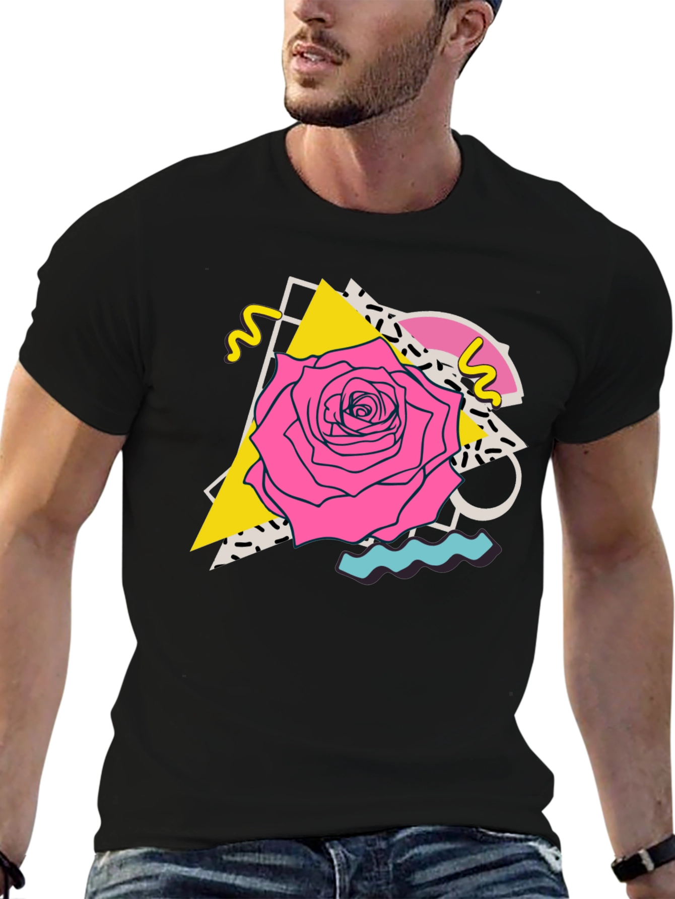 Retro Rose Graphic Tee - 80s Style Black T-Shirt