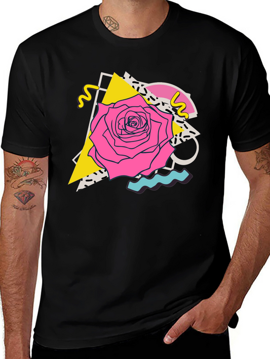 Retro Rose Graphic Tee - 80s Style Black T-Shirt