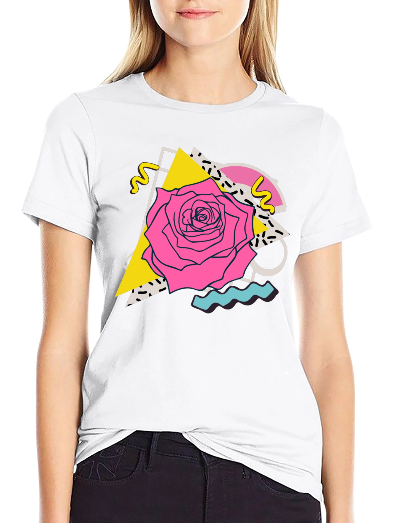 Retro Rose Graphic Tee - 80s Style Black T-Shirt