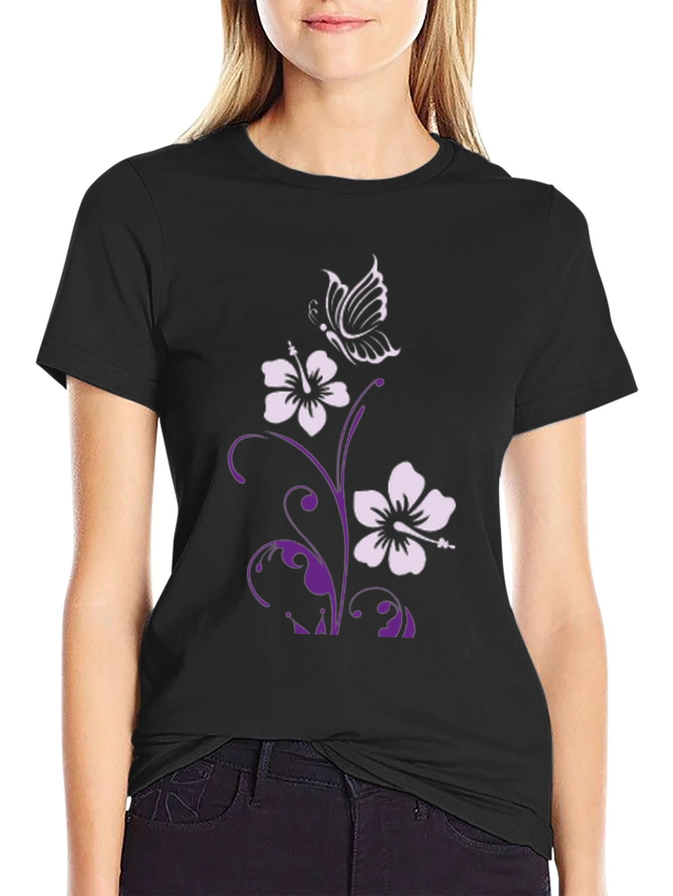 Floral Butterfly Graphic Tee - Stylish Black T-Shirt