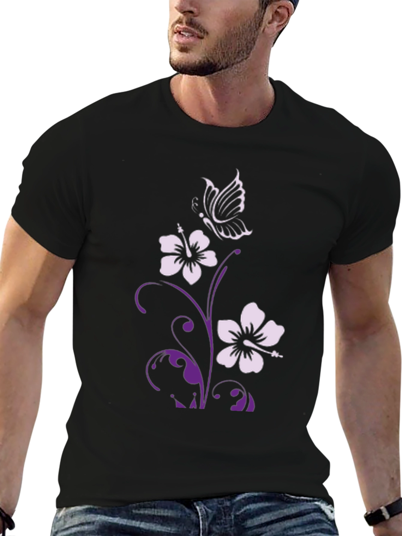 Floral Butterfly Graphic Tee - Stylish Black T-Shirt