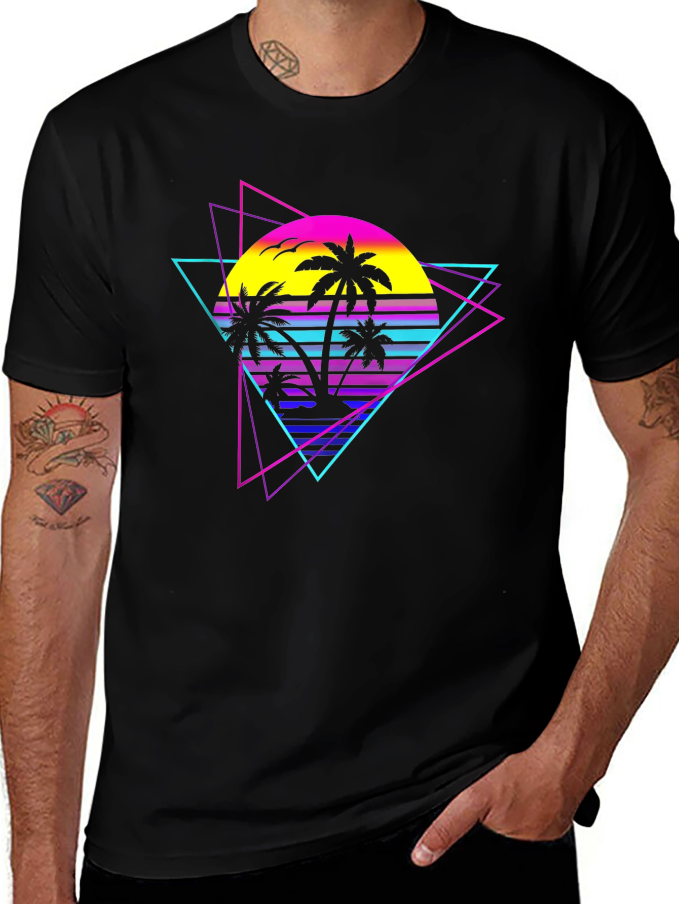 Retro Wave Palm Tree Graphic Tee - Black