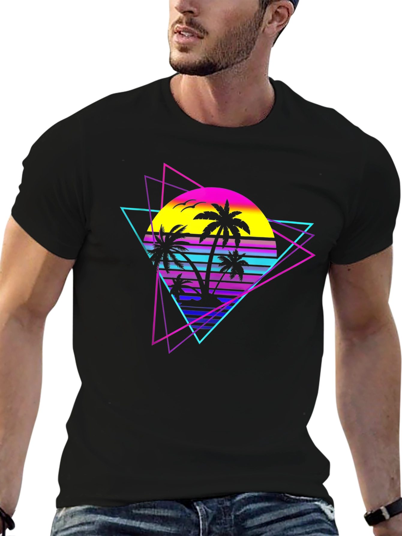Retro Wave Palm Tree Graphic Tee - Black