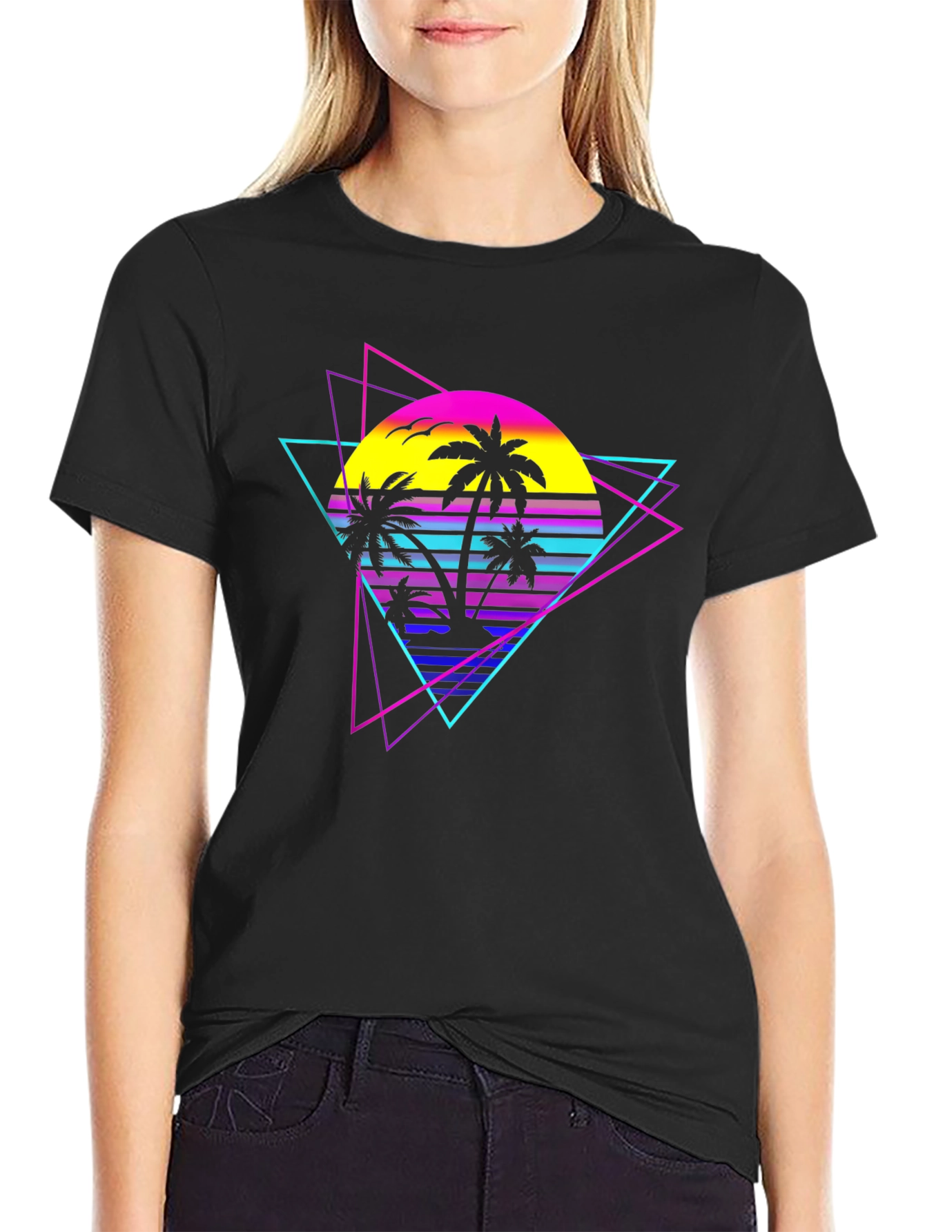 Retro Wave Palm Tree Graphic Tee - Black