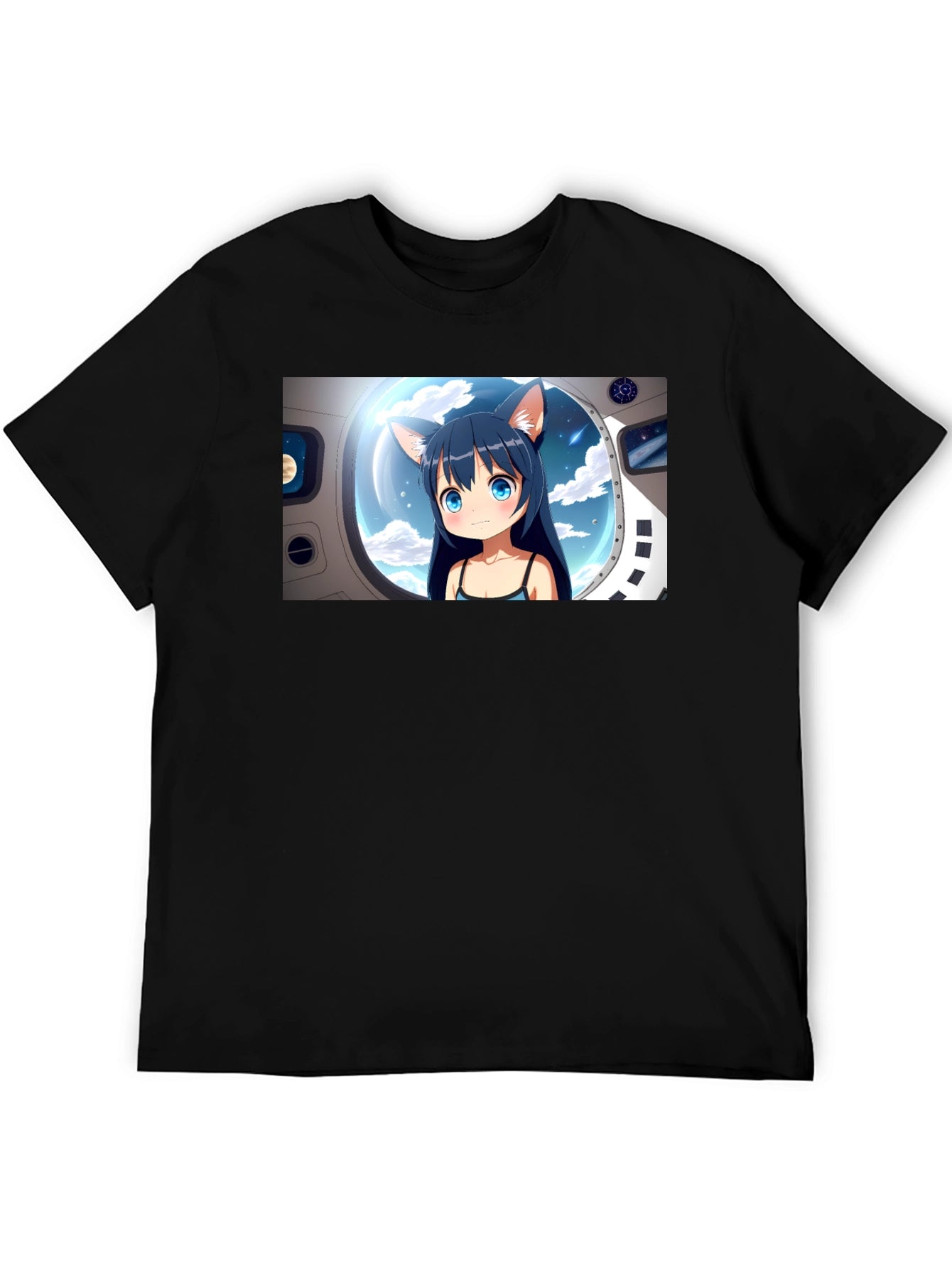 Anime Cat Girl in Space Black T-Shirt