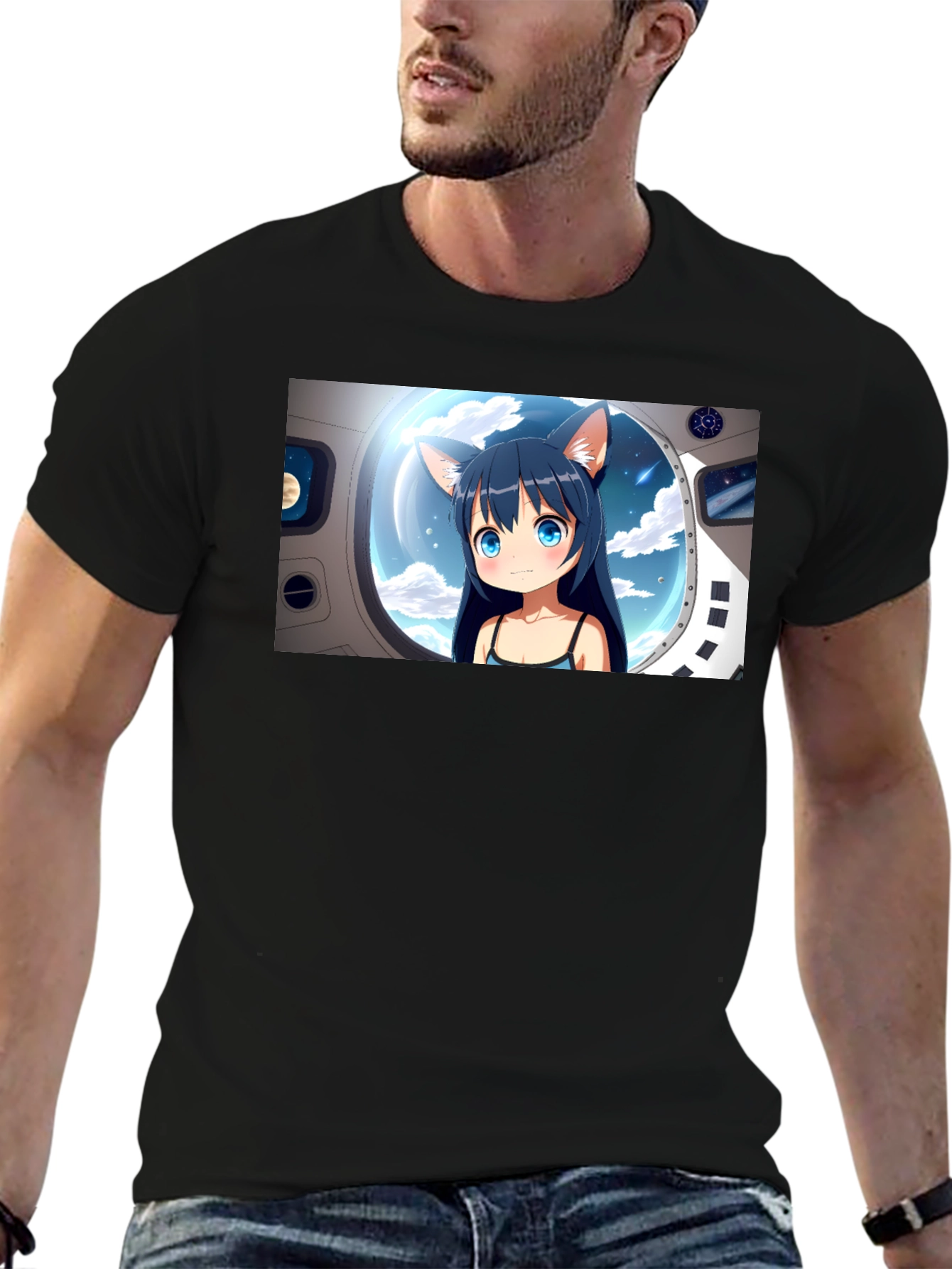 Anime Cat Girl in Space Black T-Shirt