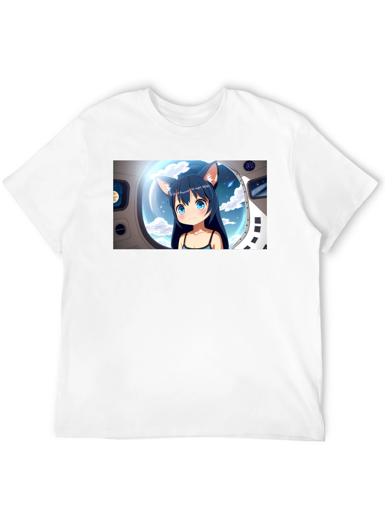 Anime Cat Girl in Space Black T-Shirt