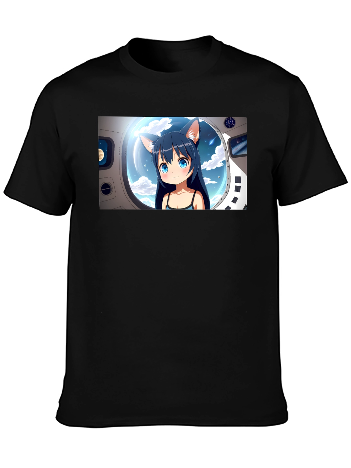 Anime Cat Girl in Space Black T-Shirt