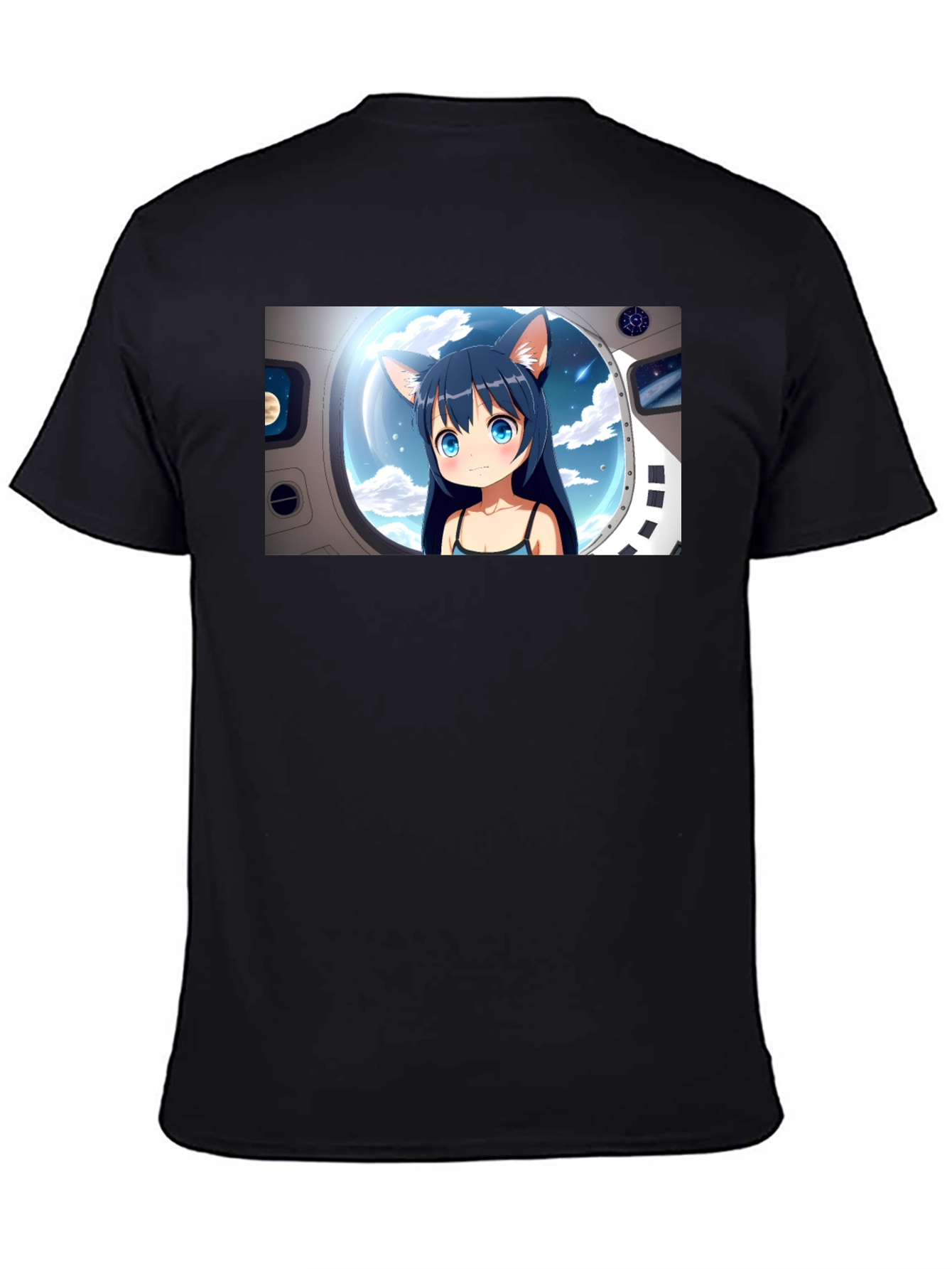 Anime Cat Girl in Space Black T-Shirt