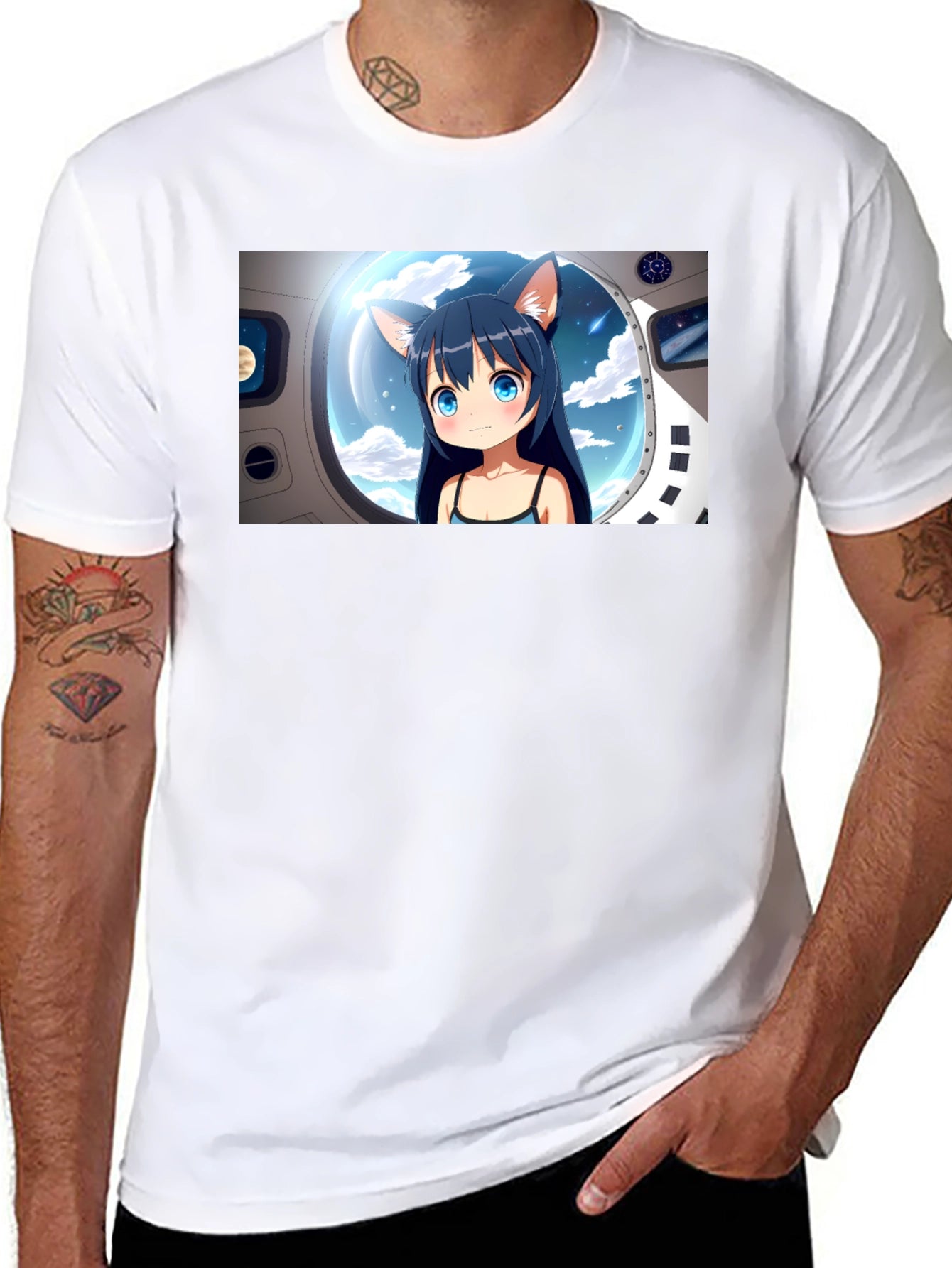 Anime Cat Girl in Space Black T-Shirt