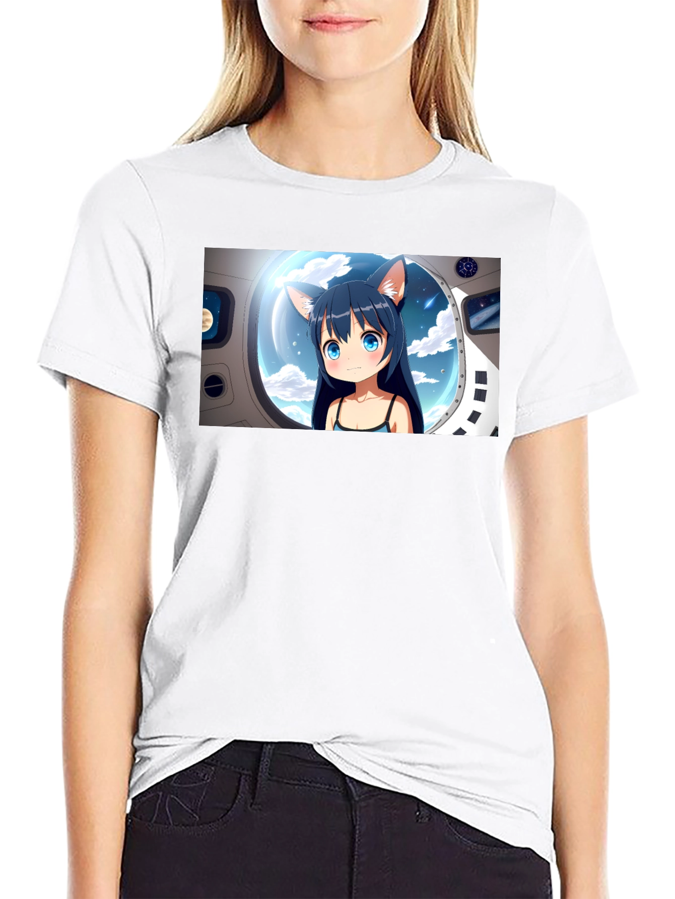 Anime Cat Girl in Space Black T-Shirt