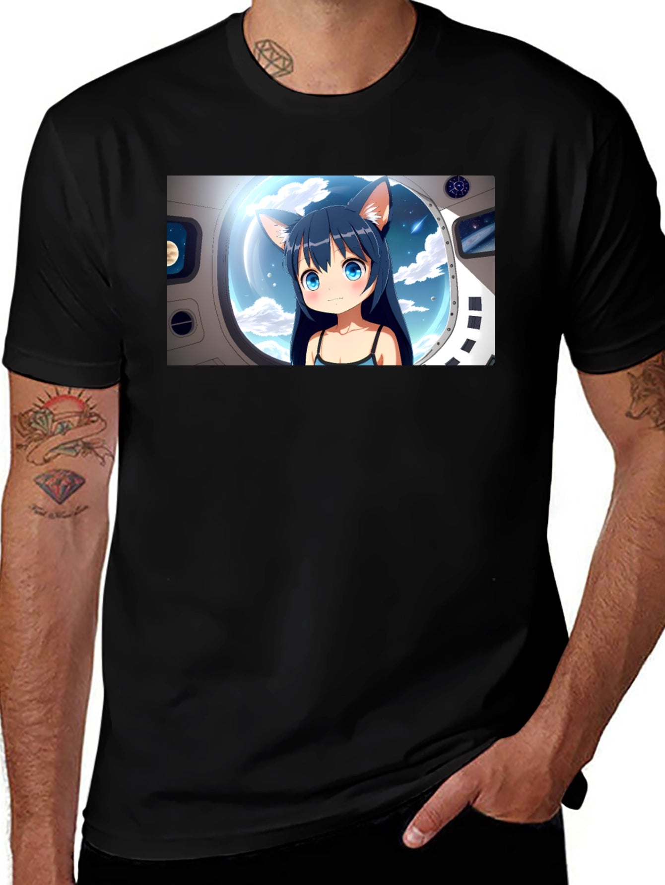 Anime Cat Girl in Space Black T-Shirt