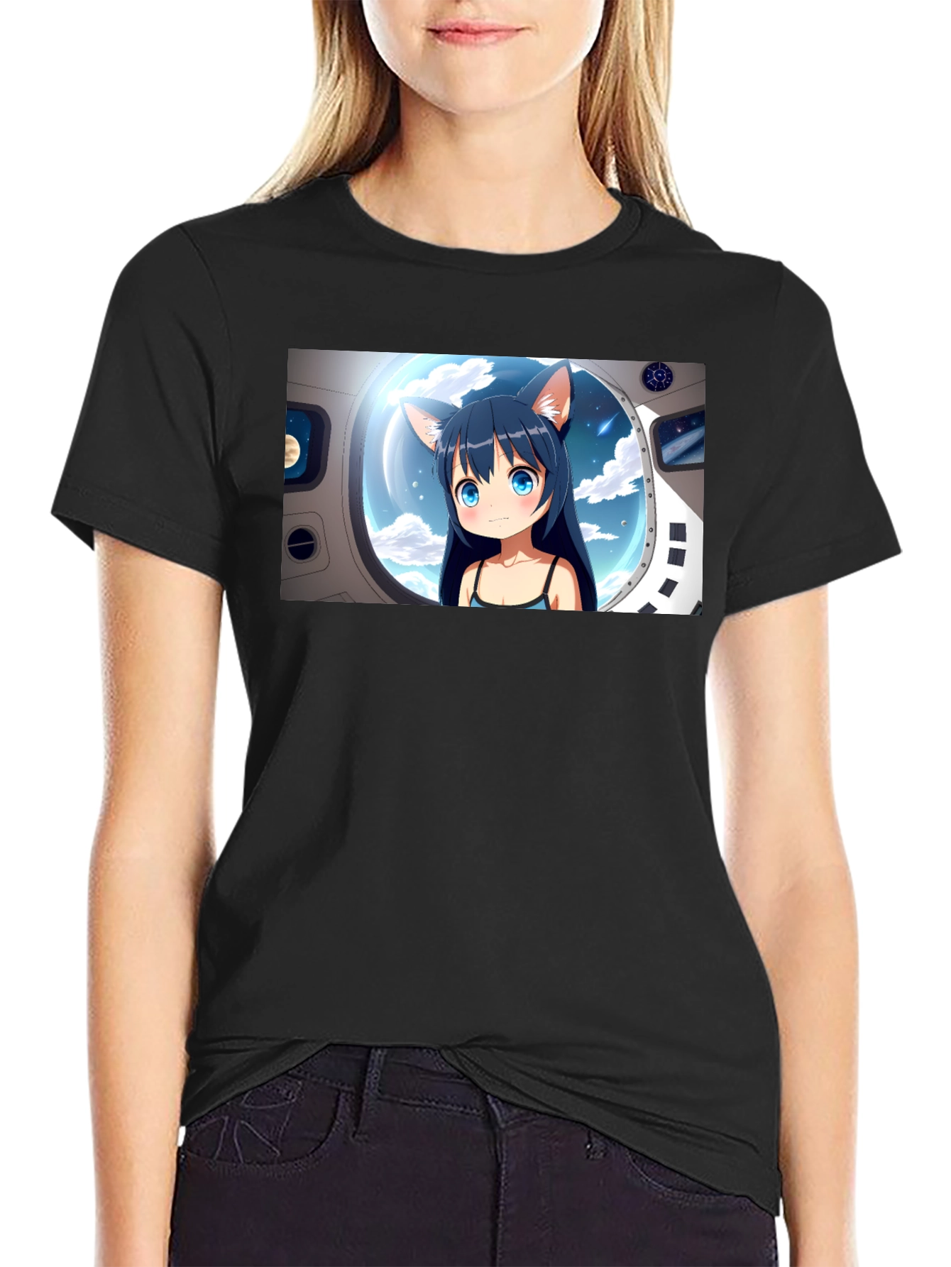 Anime Cat Girl in Space Black T-Shirt